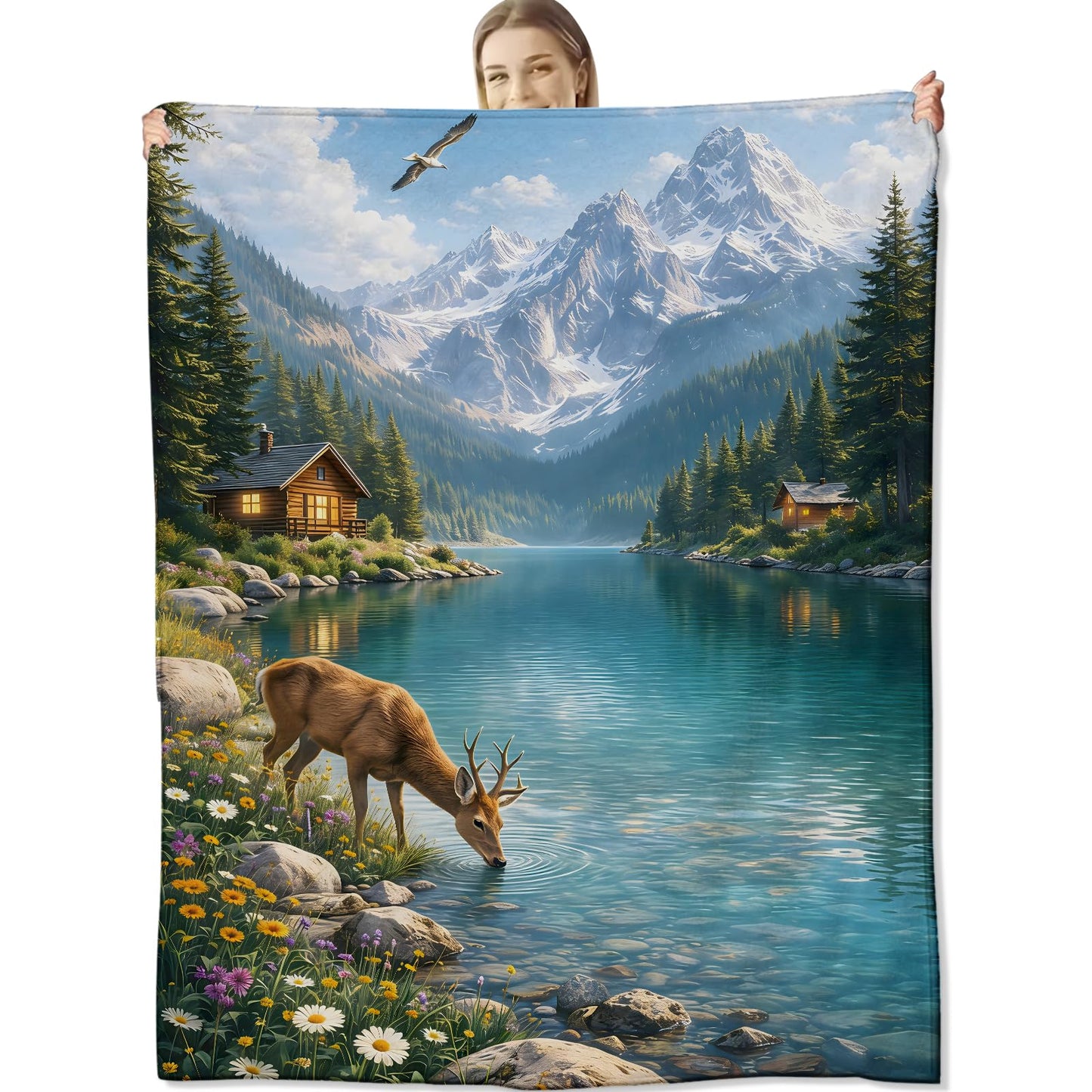 cromcu Mountain Lake Deer Throw Blanket for Nature and Cabin Lovers, Wildlife Landscape Flannel Throws Blankets, Scenic Rustic Gifts, Soft Warm Cozy for Sofa Couch Bed Home Decor 60" x 50"