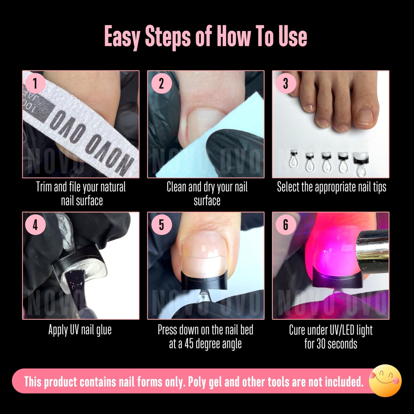 NOVO OVO Half Cover Toe Nail Tips, Pre-Designed Black French Tip - 240Pcs Soft Gel False Toenails for Acrylic Pedicure Extension, Square Shape with Auxiliary Line Guide (15 Sizes, Wide Fit)