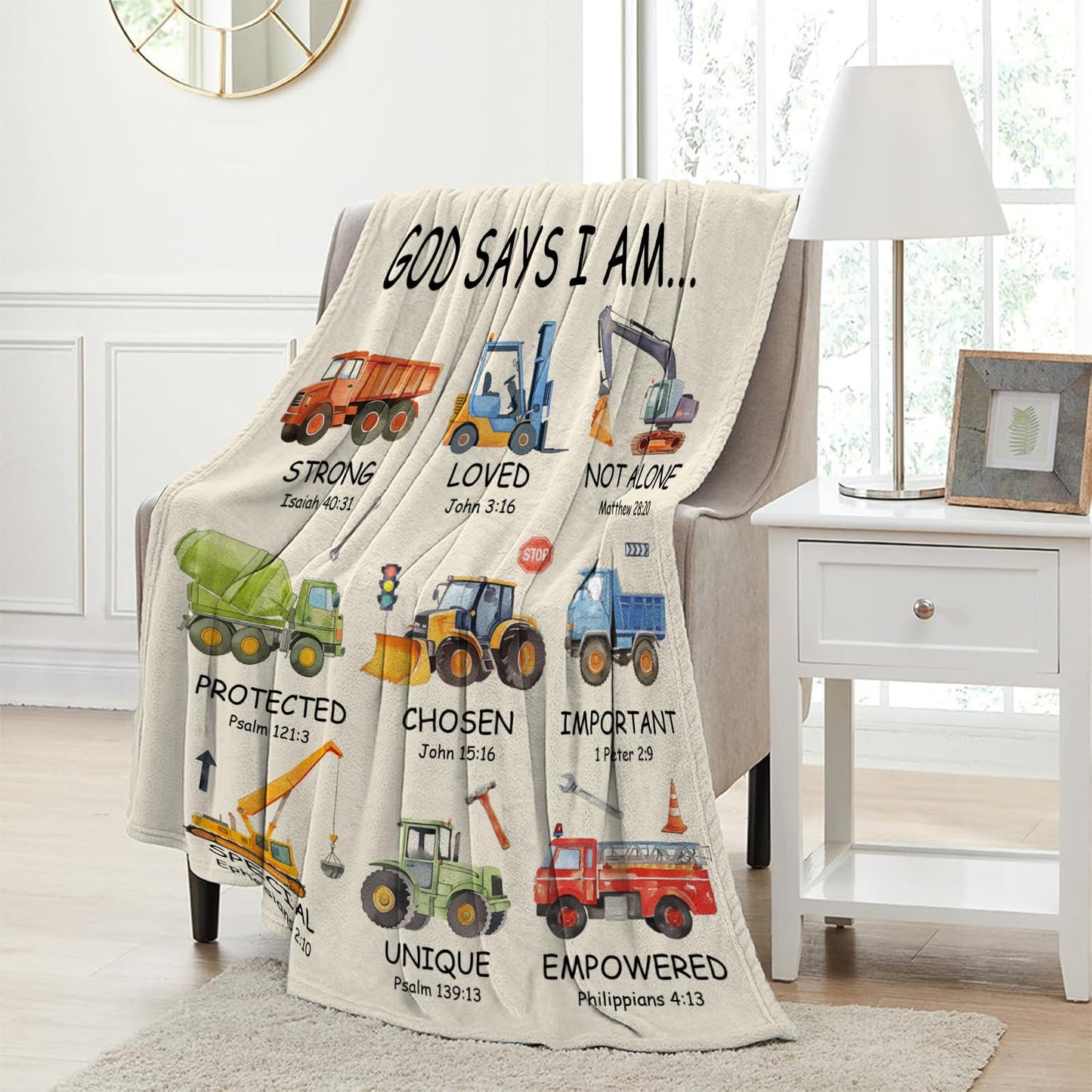 Christian Gifts for Boys, God Says I Am Construction Truck Blanket 50"x60", Inspirational Religious Birthday Gifts for Truck Lover Bible Verse Blanket, Construction truck gifts, Christian truck Gifts