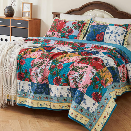 EVENHUG 100% Cotton Patchwork Quilt Queen Size Set Lightweight Floral Queen Quilts Bedding Set Bedspread Coverlet Reversible Bed Cover with Pillow Shams for All Seasons 3 Pieces (92"X96")