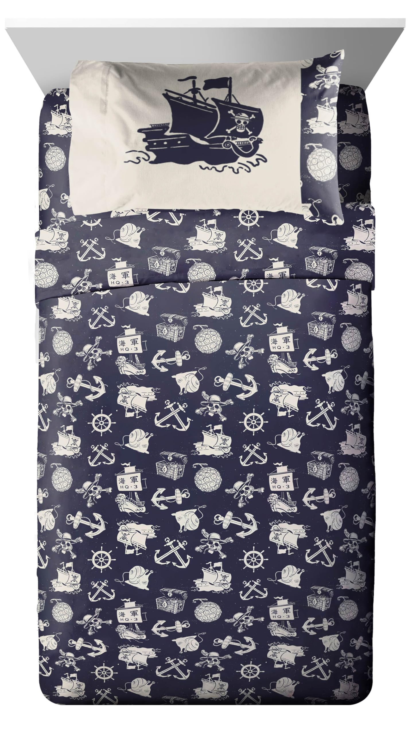 Jay Franco One Piece Twin Size Comforter Set - 5 Piece Blue Bedding Includes Sheet Set & Pillow Covers - Super Soft Anime Bedding with Skull and Bones