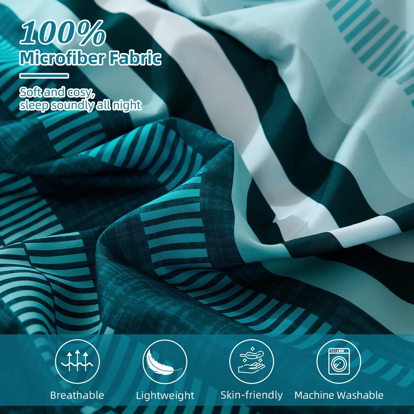 Dobuyly Teal Queen Comforter Set 7 Pieces, Blue Boho Striped Bed in a Bag Queen Size Soft Microfiber All Season Bedding Set with Comforter, Sheets, Pillowcases & Shams