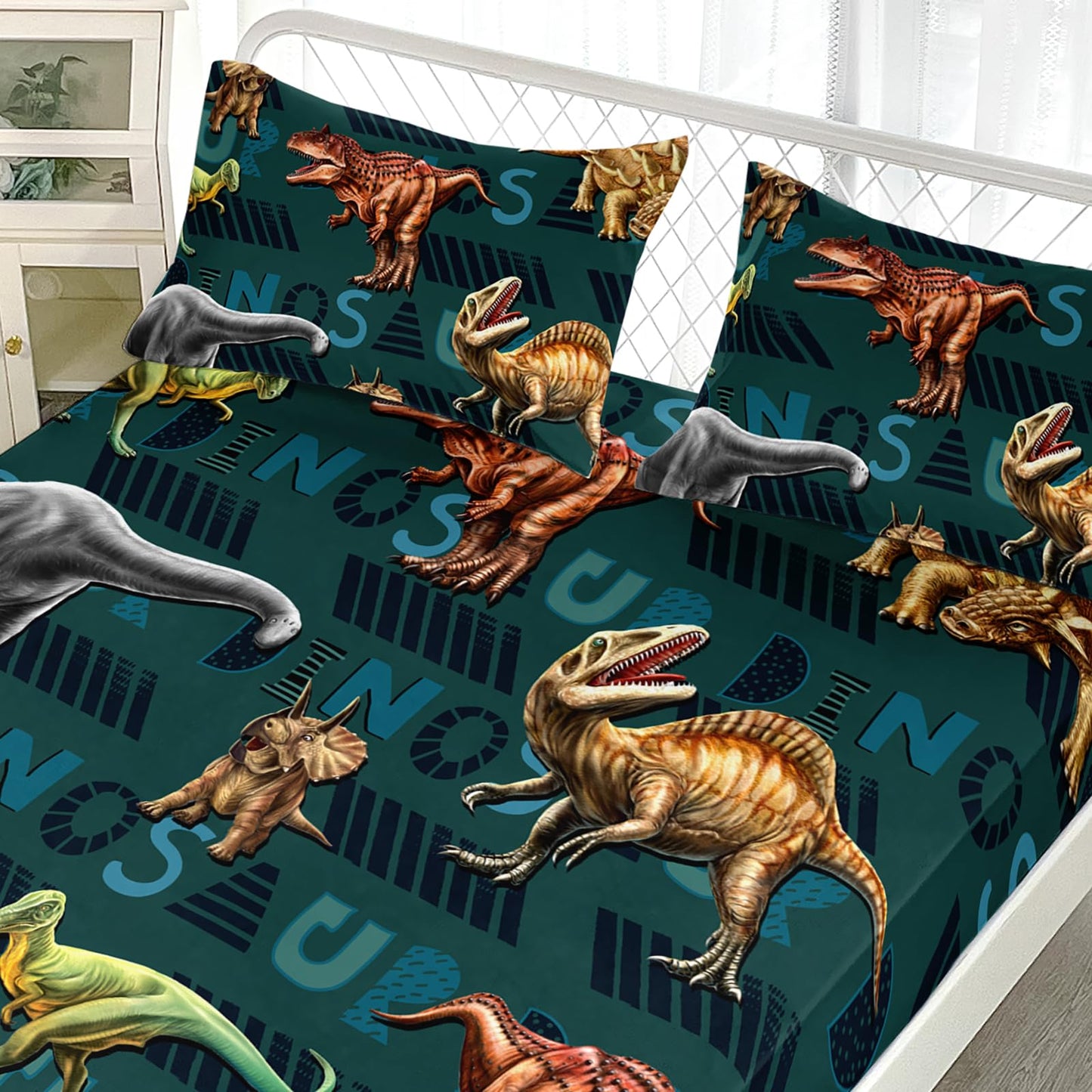 AILONEN 3D Dinosaur Fitted Sheet Twin XL Size, Cartoon Dinosaur Bedding Sets Bed Sheet Set,Green Theme Bedsheets Set 3 Pcs,1 Deep Pocket and 2 Pillowcases