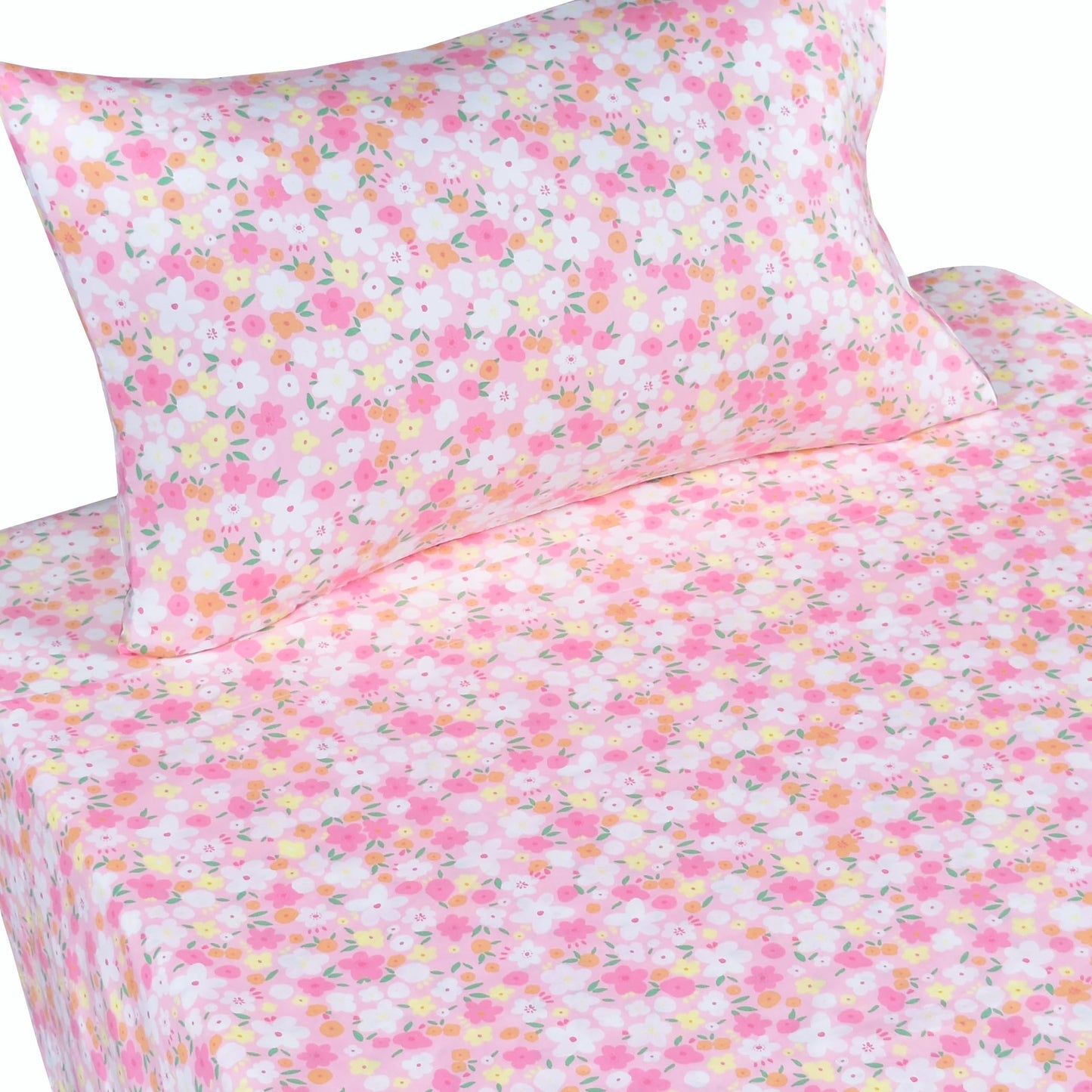 J-pinno Pink Floral Flower Cartoon 100% Cotton Twin 3 Pieces Sheet Set Decoration Kids Boys Girls Children Flat Sheet + Fitted Sheet + Pillowcase Bedding Set