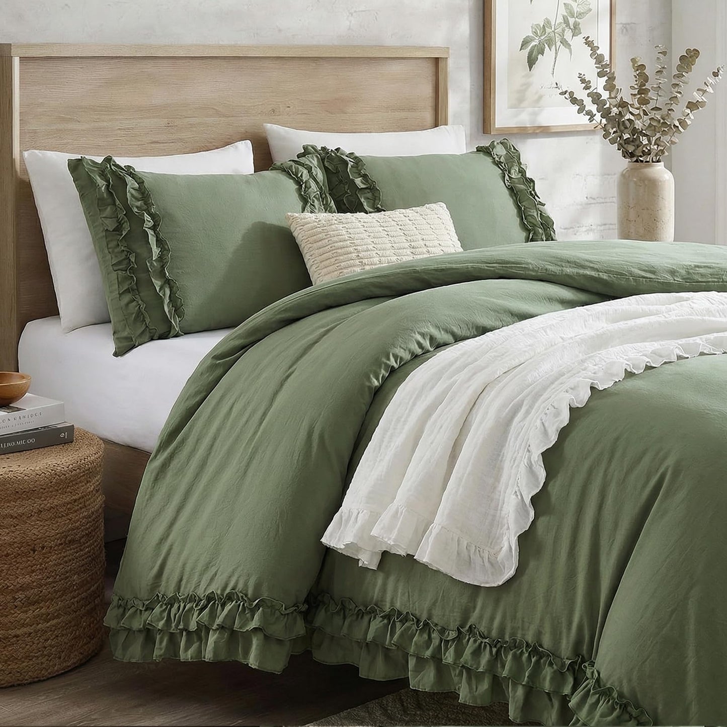 Avocado Green Duvet Cover Queen Ruffled Bedding Set Pleated Ruffle Fringe Shabby Chic Bedding Super Soft Cozy Boho Bedroom Bedding for All Season