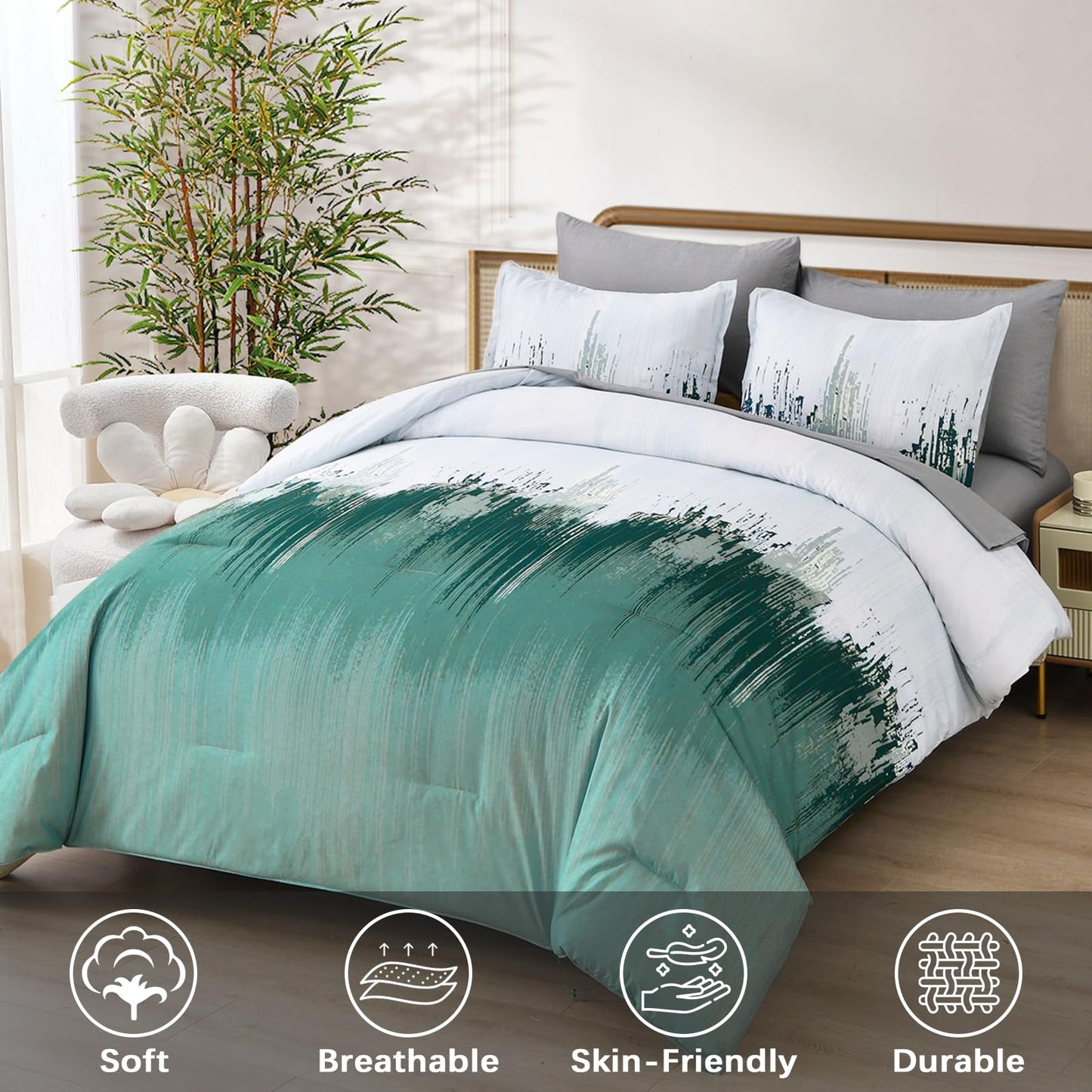 WONGS BEDDING Comforter Set Queen,Aqua 7 Pieces Bed in a Bag Colorful Abstract Art Gradient Comforter Microfiber Bedding Set,1 Comforter, 1 Flat Sheet, 1 Fitted Sheet, 2 Pillow Shams,2 Pillowcases