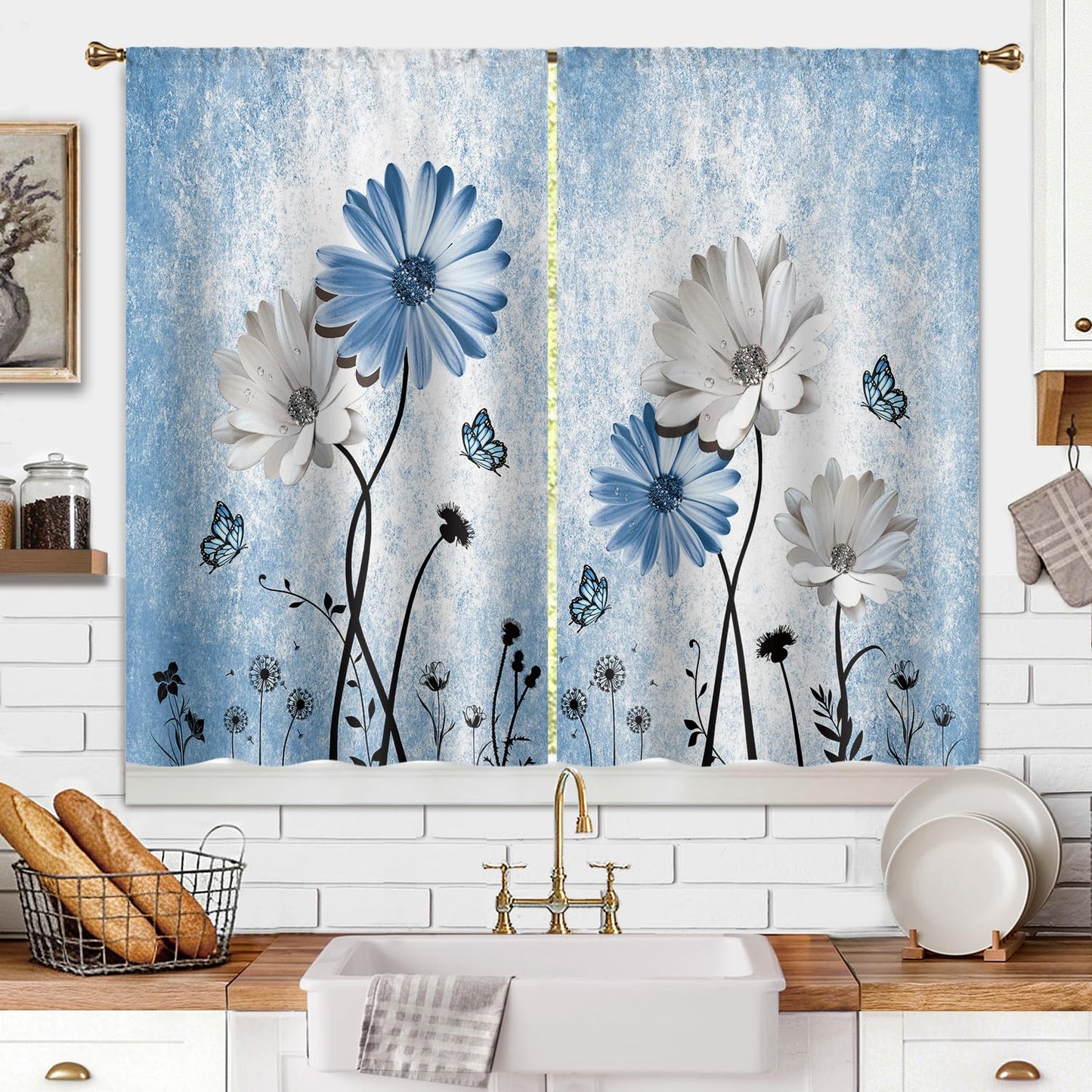 Cizuug Rustic Blue Daisy Floral Kitchen Curtains Farmhouse Flower Small Short Cafe Window Curtains Butterfly Country Rod Pocket Bathroom Window Drapes Treatment Tier Curtains 2 Panels (27.5x39 Inch)