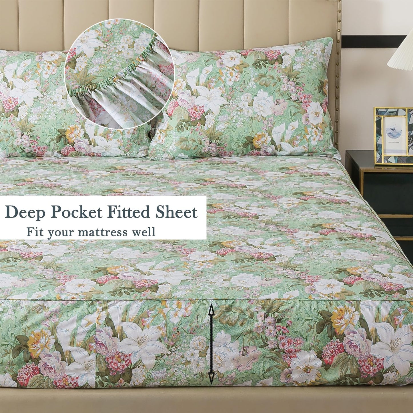 FADFAY Floral Bed Sheets Set Queen Size 100% Cotton Mint Green Botanical Sheet Sets Countryside Bedding Soft Breathable Girls Lily Flower Printed Deep Pocket Sheet 17.5 inch, 4 Pcs Queen