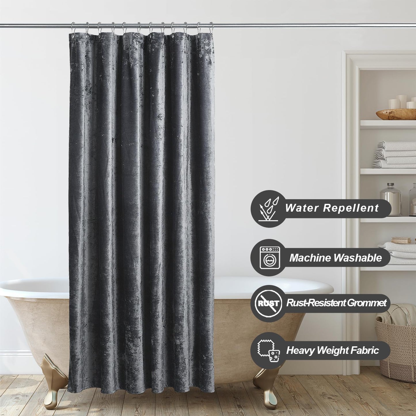TAMGHO Crushed Velvet Shower Curtain, Grey, 72x72 Inches, Waterproof Gray Velvet Fabric with Nickel Hooks, Machine Washable