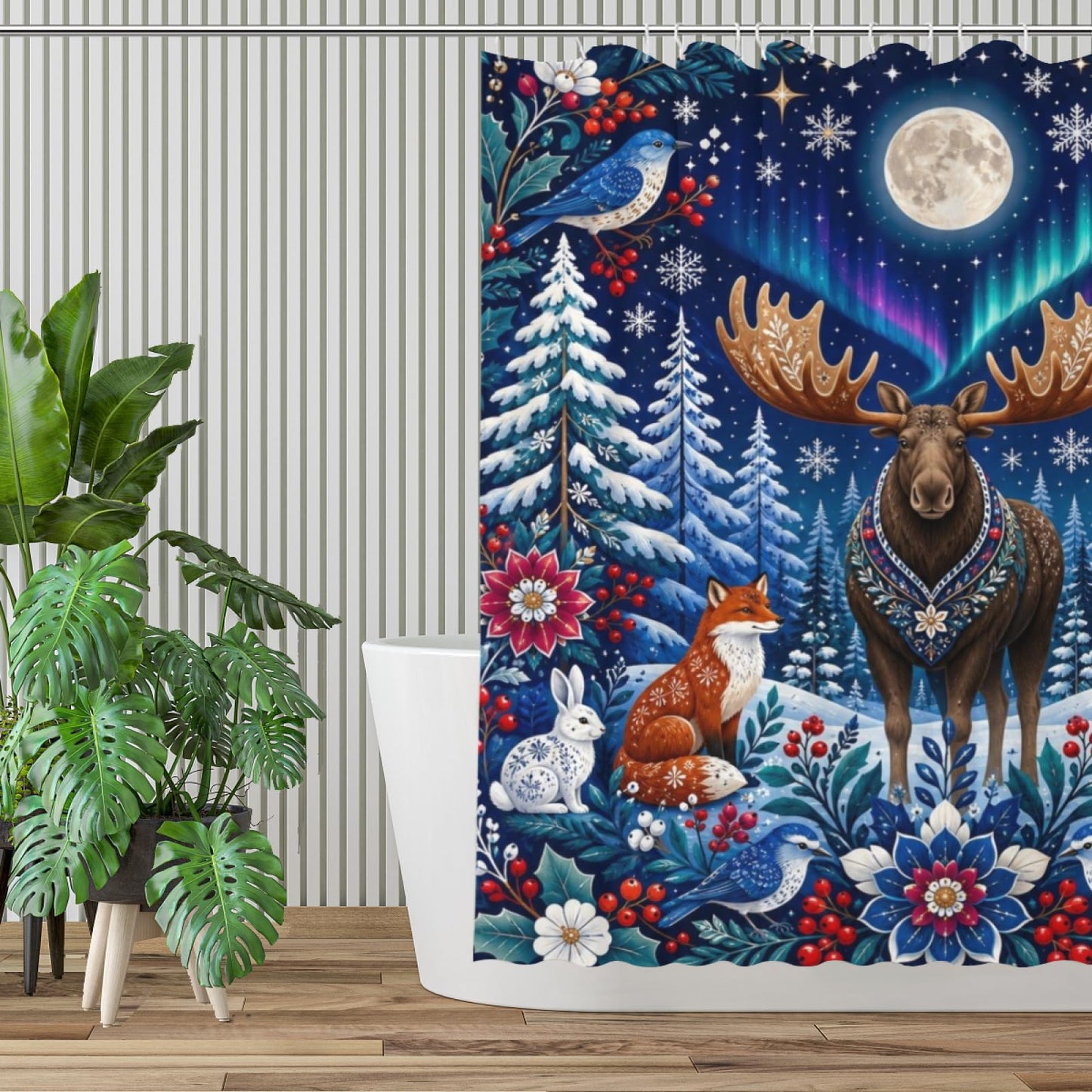 REZHOCH Moose Forest Shower Curtain 72x72 Inch, Aurora Night Moose Fox Rabbit Snowflake Woodland Floral Art Bathroom Decor, Rustic Wildlife Bath Set with Hooks