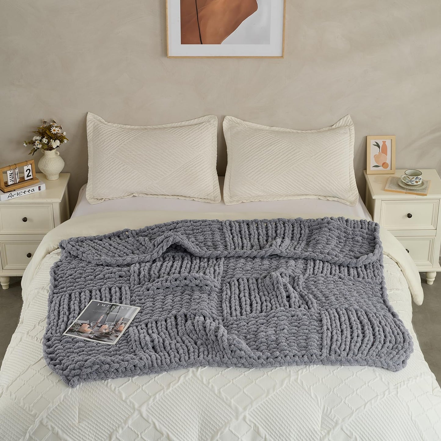 WZOWZO Chunky Knit Blanket Throw 50x60 Inches,Handmade Cable Knit Crochet Blanket,Cozy Lightweight All Season,Wrinkle-Resistant Polyester for Couch Bed Sofa Reading Nook,Grey