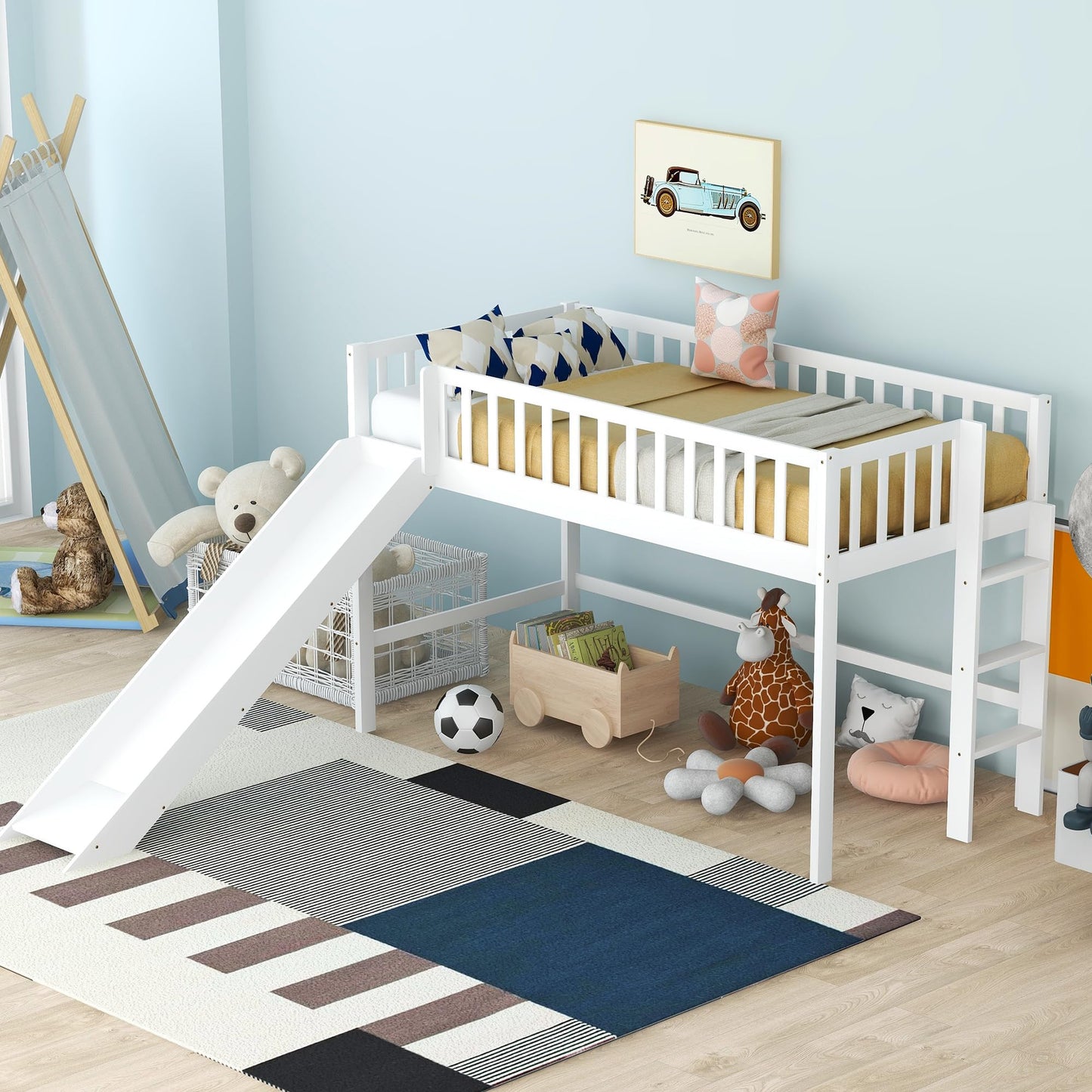 Bellemave Twin Size Low Loft Bed with Slide,Kids Loft Bed with Ladder,Wood Kids Loft Bed Twin Size for Girls Boys,White