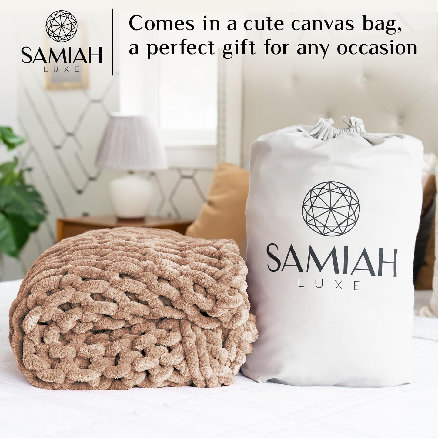 SAMIAH LUXE Chunky Knit Throw Blanket 50x70, Sandstone Brown Chenille Throw Blanket for Couch Bed Sofa, Soft Fluffy Cable Knit Blanket, Oeko-TEX Certified, Machine Washable