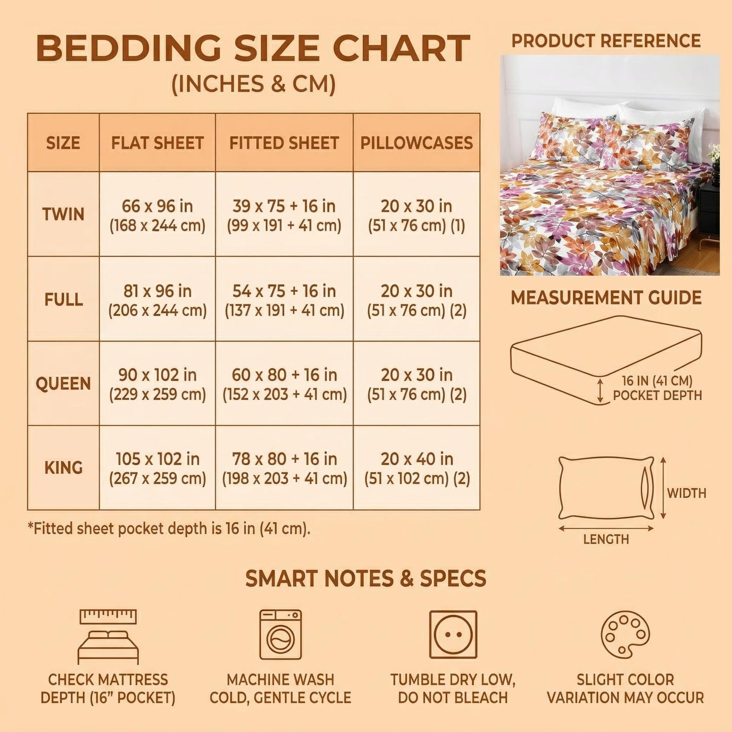 HCORA Leaf Print King Sheet Set, Ultra Soft Double Brushed Microfiber Bed Sheets, Deep Pocket, Breathable, Wrinkle Resistant, Easy Care, 4PC, King