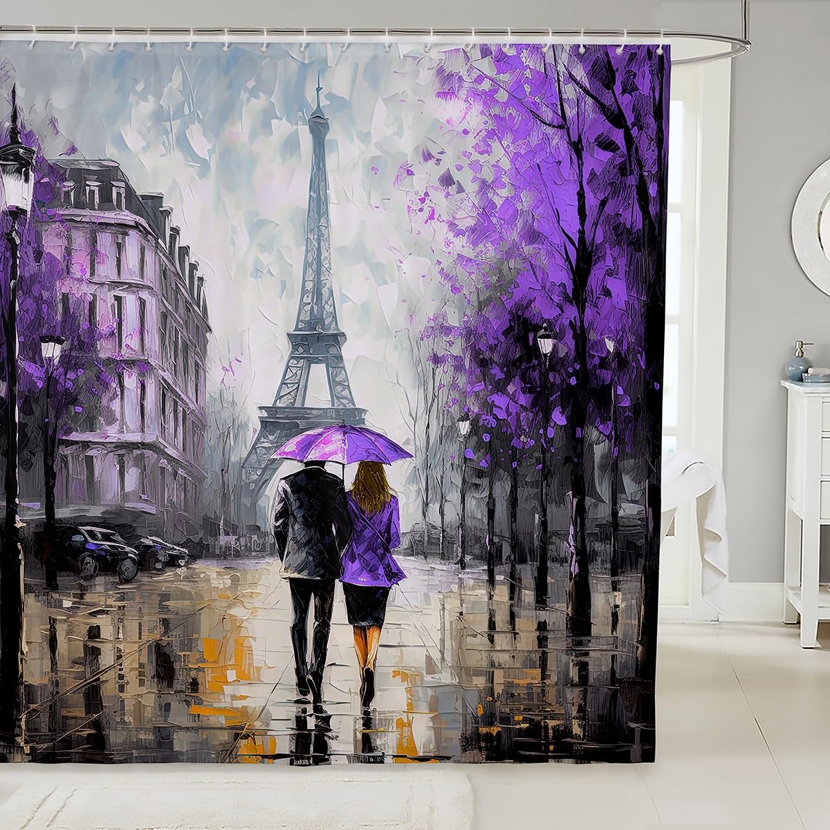 jejeloiu Eiffel Tower Shower Curtain 72"x78" Couple Romantic Paris Bathroom Shower Curtain Set for Girls Women Lover Valentine's Day Bath Curtain Purple France Trip Bathroom Accessories