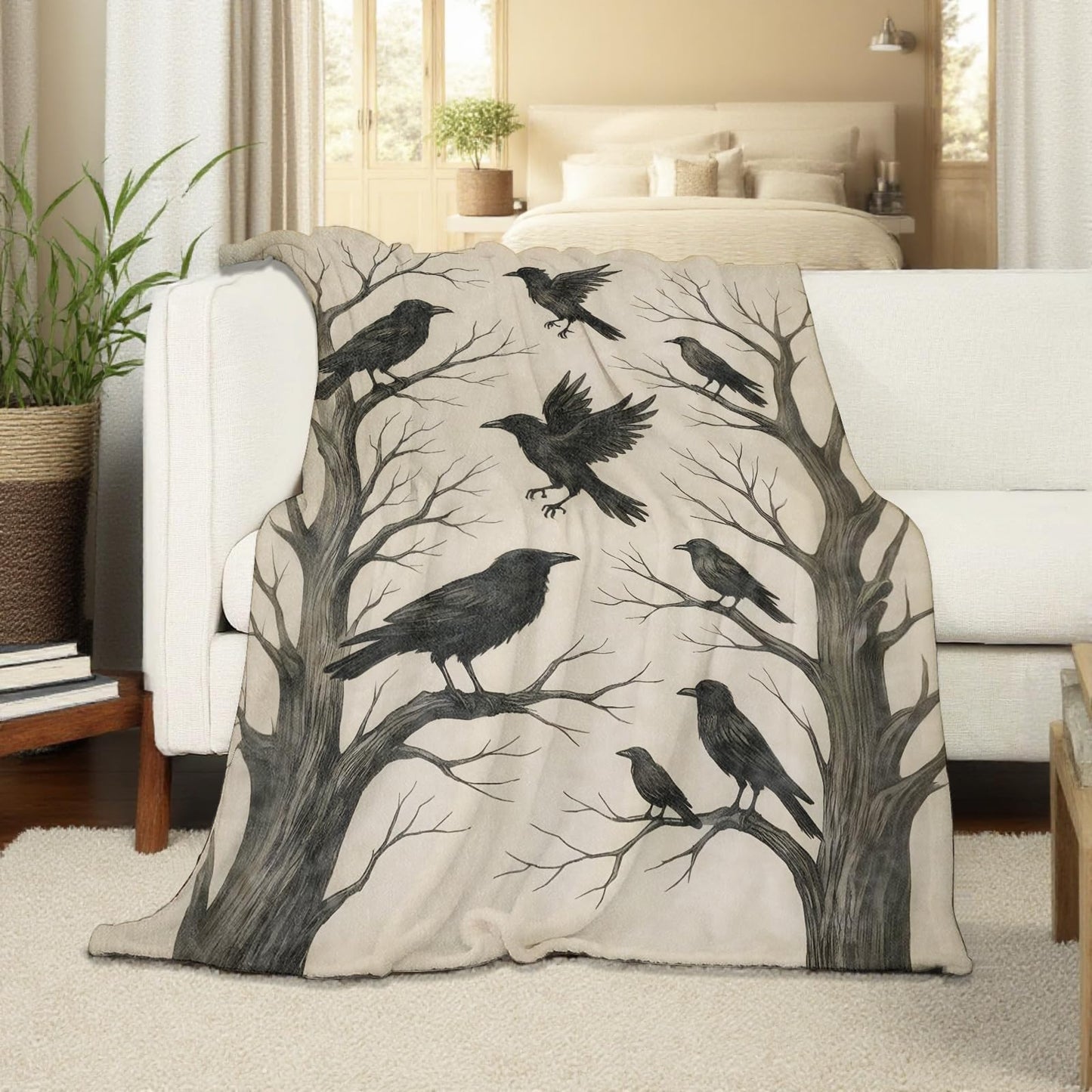 Gothic Crow Raven Blanket, Flannel Blankets Gifts for Boys Girls Adults, Warm Cozy Soft Fuzzy Throw for Couch, Bed, Room Decor 50x60 in