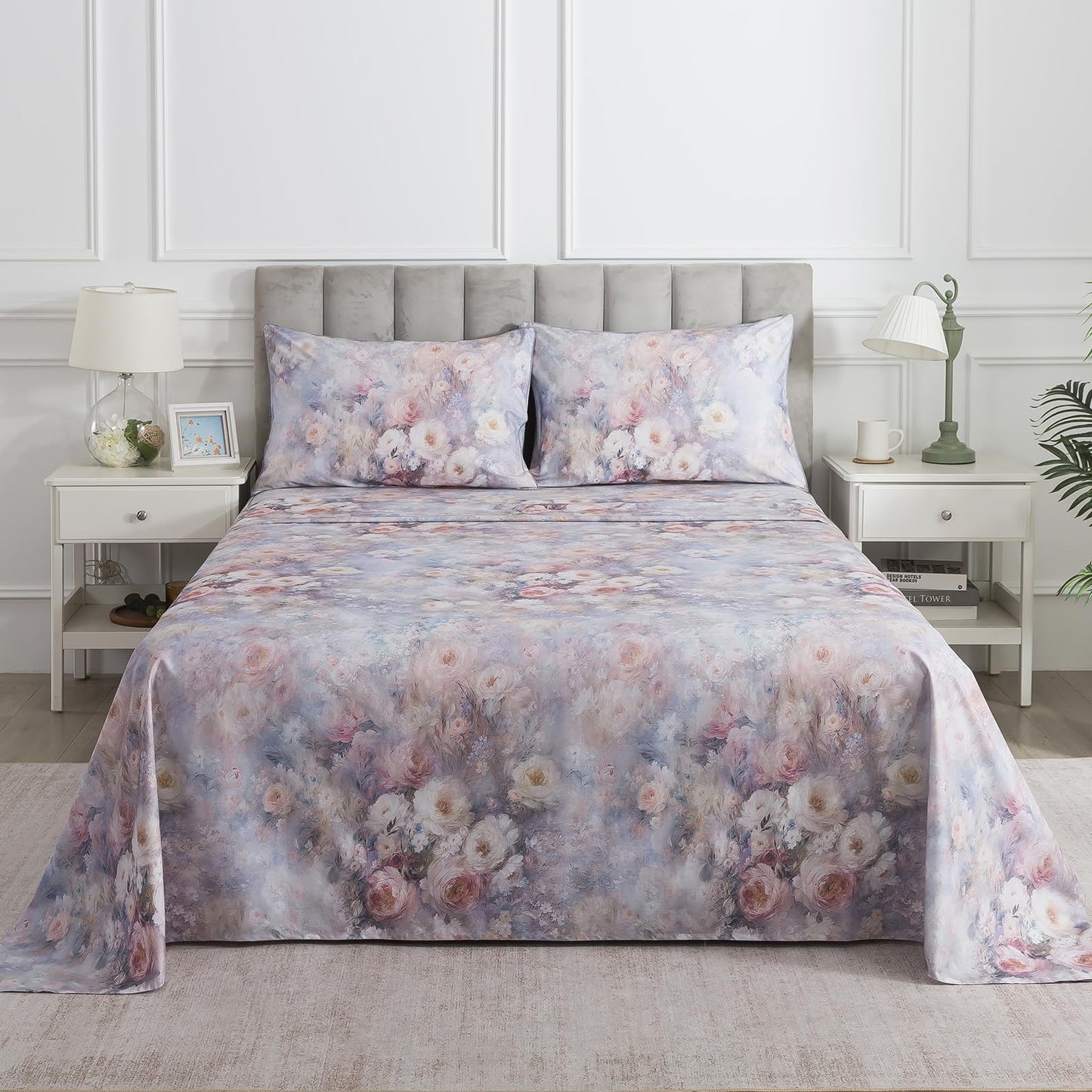 Puralens Vintage Floral Percale Sheets, Queen 100% Cotton Shabby Chic Sheet Set, Soft Crisp Purple Flower Bed Sheets, Cozy House Bedding, Deep Pocket Fitted Sheet, White Pink Rose Patterned, 4Pcs