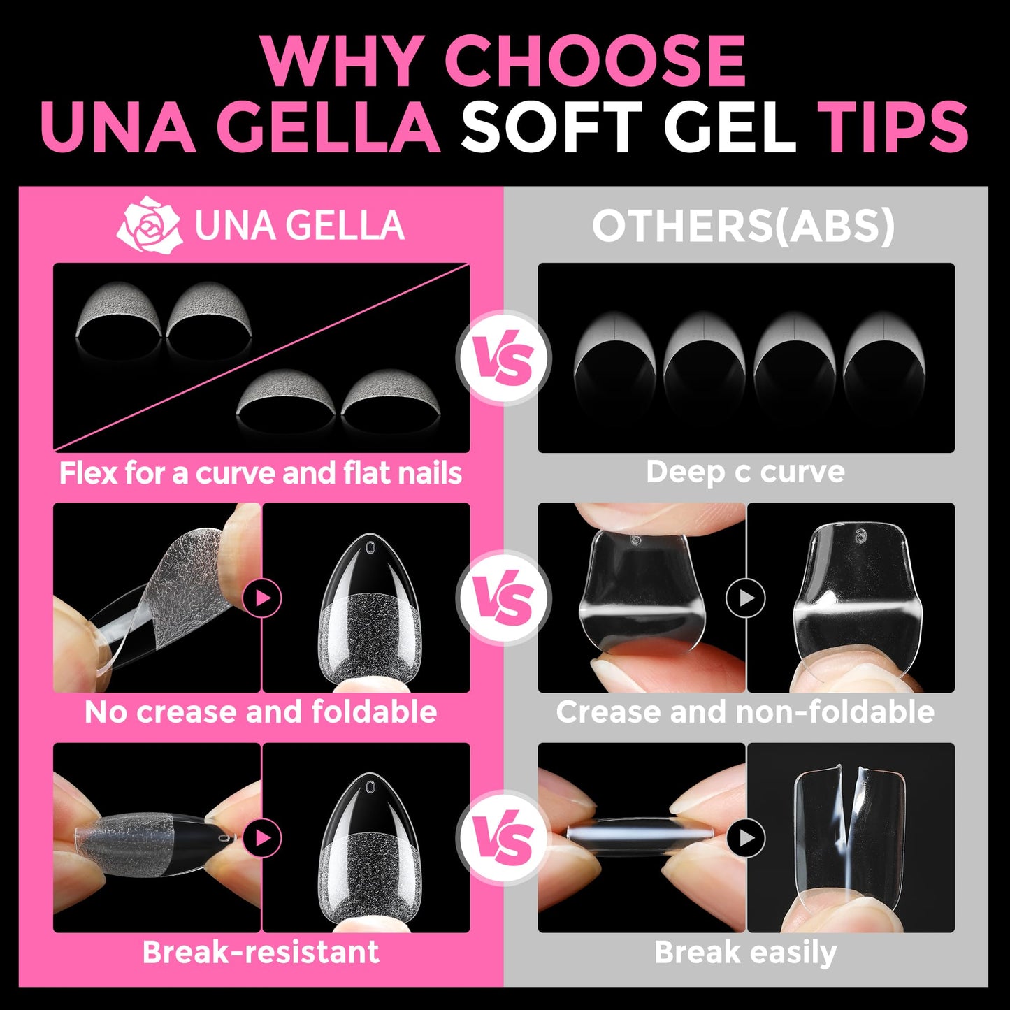 UNA GELLA Short Almond Fake Nails 216pcs Pre-shape Gel Acrylic Nail Tips for Full Cover Nail Extension Home DIY Nail Salon 12 Sizes Gelly Tips