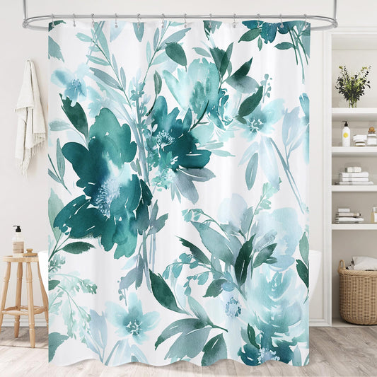 Litabel Extra Long Teal Watercolor Floral Shower Curtain, Plant Leaves with Flower Shower Curtains for Bathroom Decor, Modern Fabric Botanical Waterproof Bathroom Curtain 72x78 Inch
