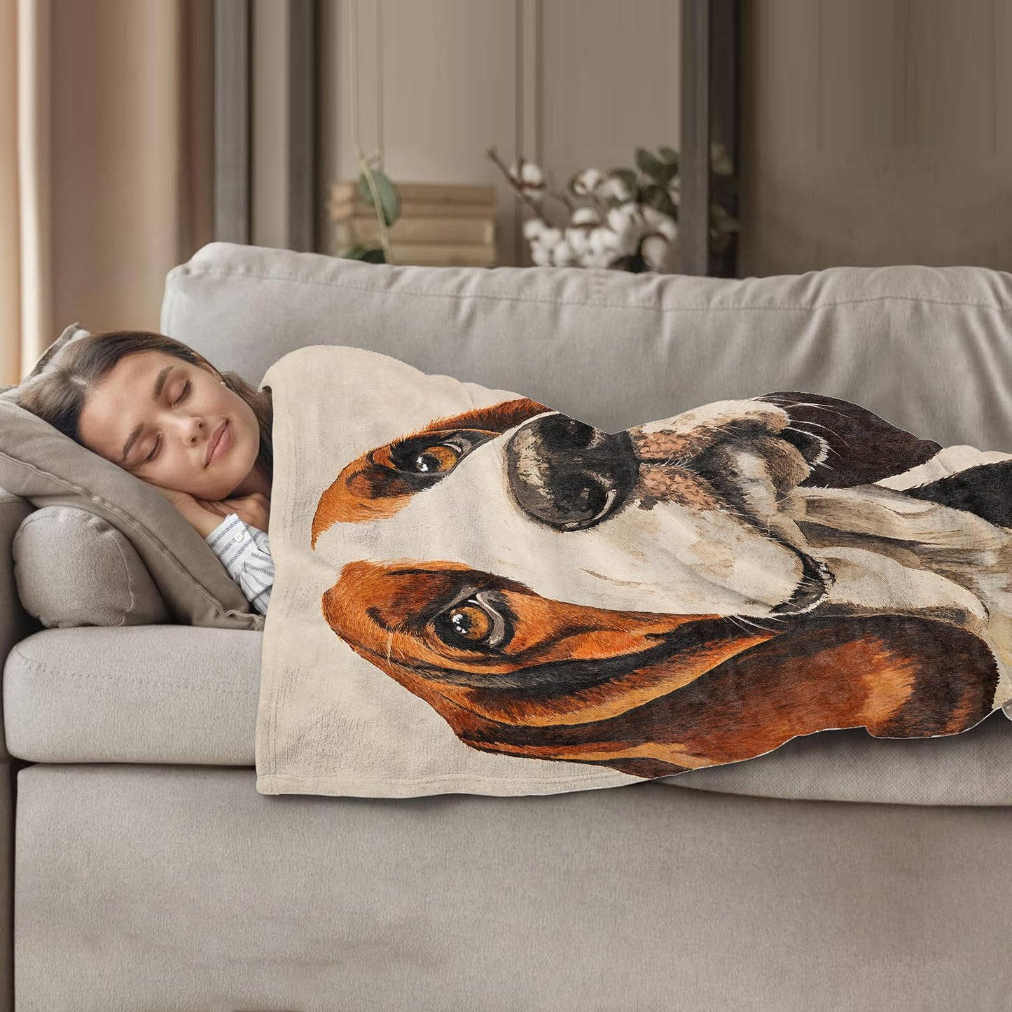 Plistiz Basset Hound Dog Throw Blanket for Women Girls Boys, Soft Flannel Blankets Gifts for Living Room Couch, Home, Sofa Decor, 50"x60"