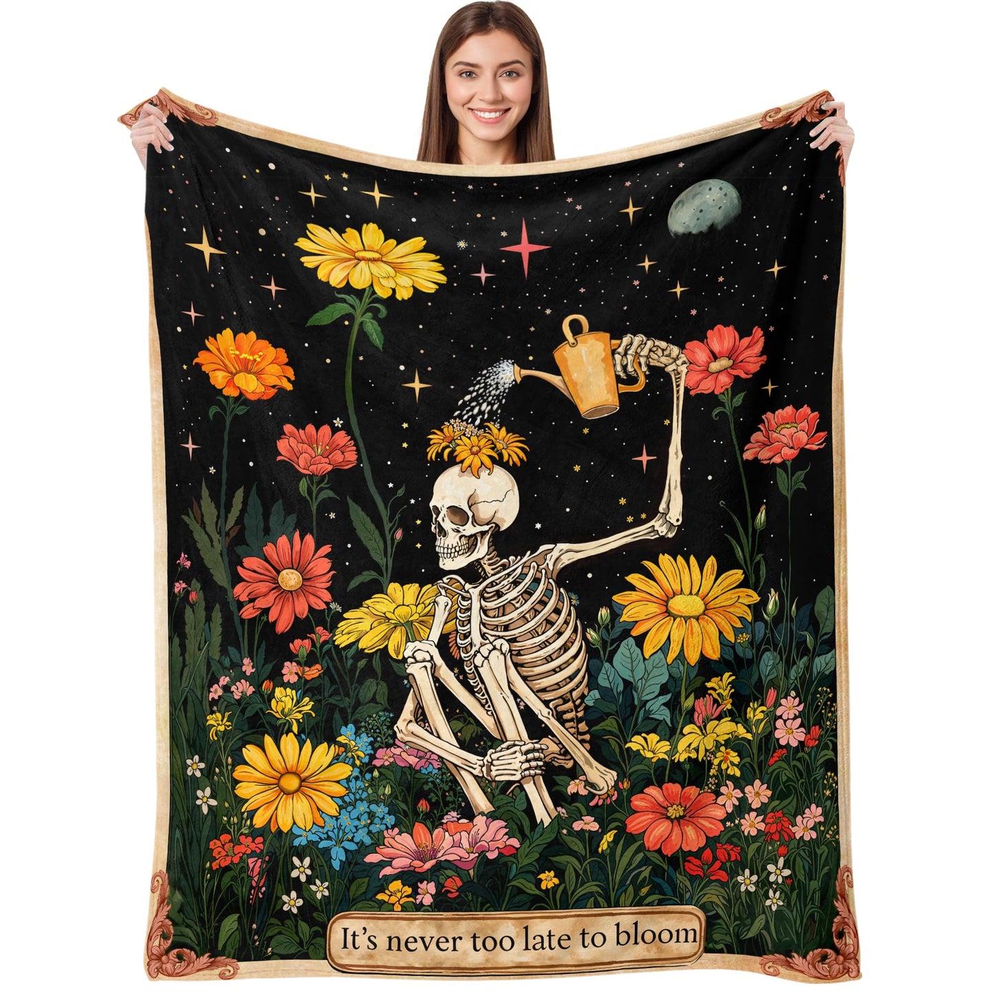 kampdream Life & Hope Flannel Blanket, Skeleton Watering Flowers, Super Soft & Warm Couch Sofa Living Room Optimistic Decor Ideal Gift for Family Friends 50×60 inch