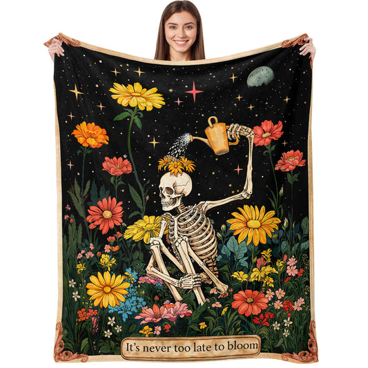 kampdream Life & Hope Flannel Blanket, Skeleton Watering Flowers, Super Soft & Warm Couch Sofa Living Room Optimistic Decor Ideal Gift for Family Friends 50×60 inch
