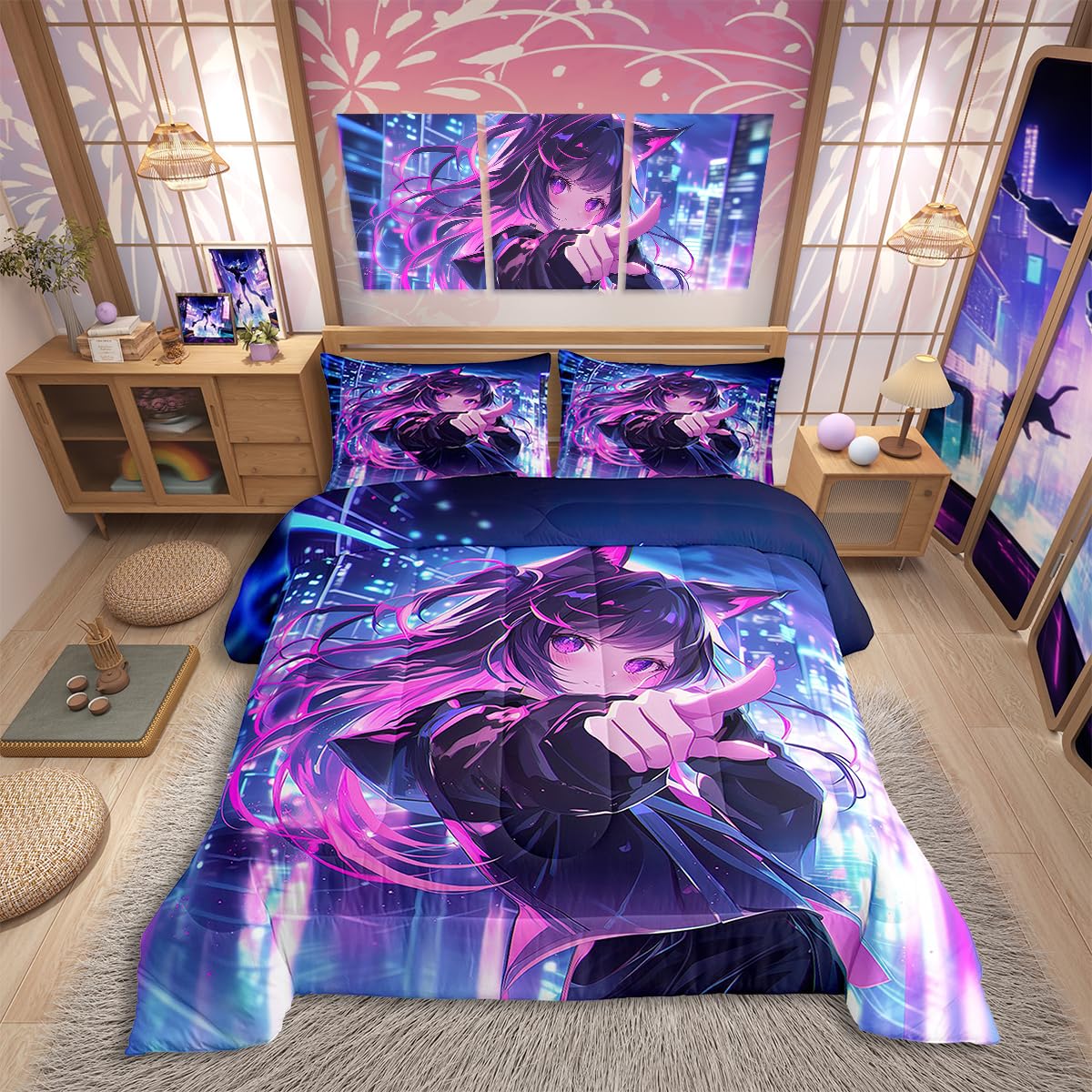 Erosebridal Kids Anime Girl Full Size Comforter Set, Japanese Anime Bedding Set, Cartoon Girl Quilt for Boys Teens Bedroom Decor, Kawaii Japanese Animation Duvet Insert with 2 Pillow Cases