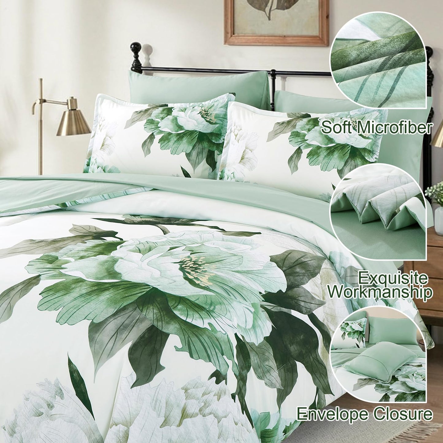 Dobuyly Green Queen Comforter Set 7 Piece Bed in a Bag Queen, Sage Green Floral Printed Comforter Set with Sheets, Soft Microfiber Botanical Flower Complete Bedding Set for All Season