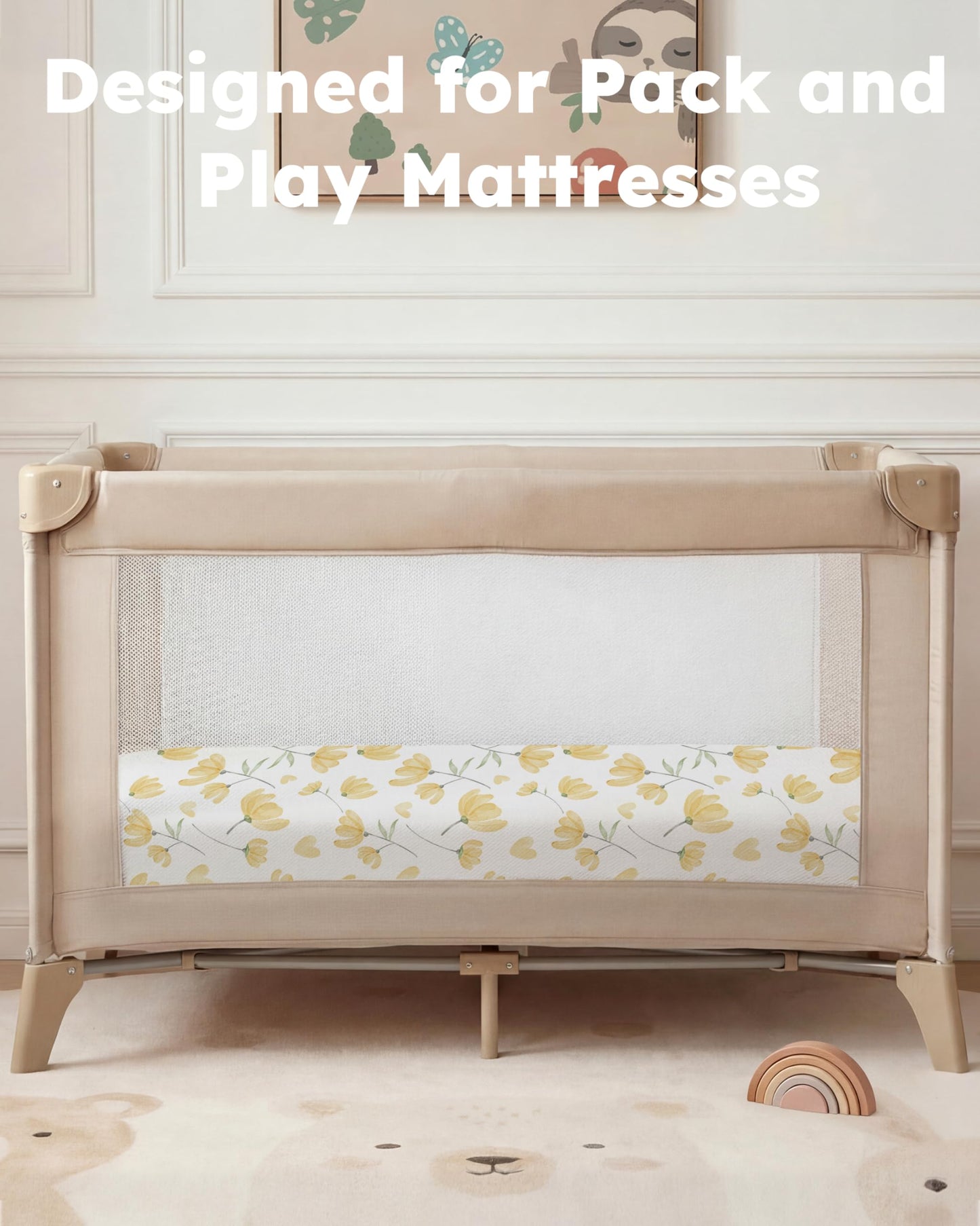 Nyessmee Pack and Play Sheets for Boys Girls, 38" x 26" Mini Crib Sheets Fitted for Pack n Play Mattress, Soft Breathable Playard Sheets, 2-Pack Yellow Flowers