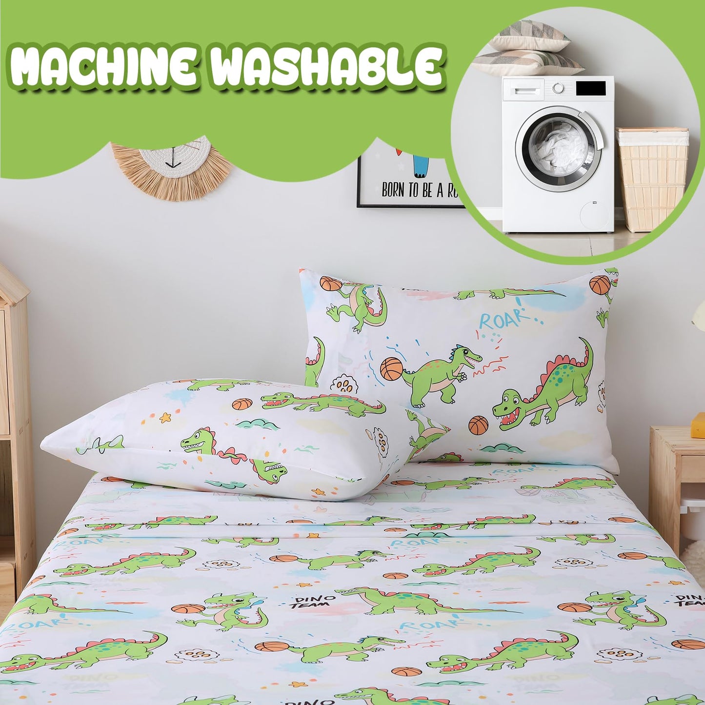 Yibeizi Full Size Sheets Set Kids, Dinosaur Pattern Microfiber Double Bed Sheets, Cute Soft Oeko-Tex Extra Deep Pocket Sheets & Pillowcases Cooling Hypoallergenic Wrinkle Free Bedsheets
