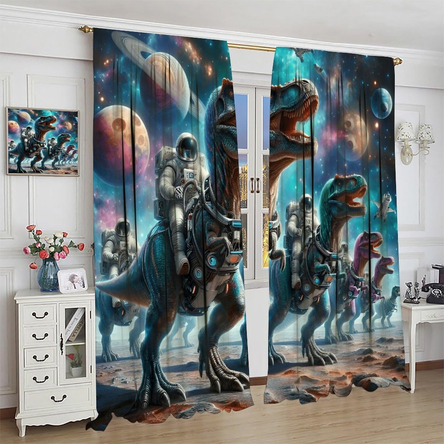 LOMADIA Dinosaur Kids Curtains, Starry Sky Astronaut Blackout Curtain, Star Dino Pattern Window Treatments Drapes for Nursery Boys Girl Bedroom Children Room Decor 21" W x 45" L (Pack of 2)