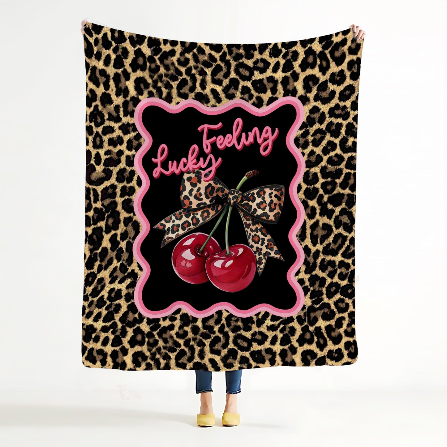 BUJSP Trendy Leopard Cherry Print Blanket, Leopard Print Room Decor, Funky Cherry Cheetah Feeling Lucky Throw Blanket for Home Bedroom Room Couch Bed Decor, 50x60 Inches