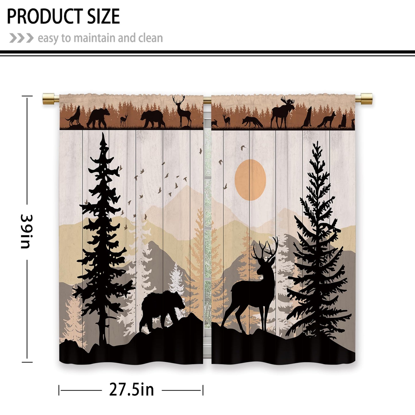 Laifzere Farmhouse Forest Cabin Kitchen Curtains Rustic Wooden Small Short Cafe Window Curtains Tree Country Deer Bear Rod Pocket Bathroom Window Drapes Treatment Tier Curtains 2 Panels (27.5x39 Inch)