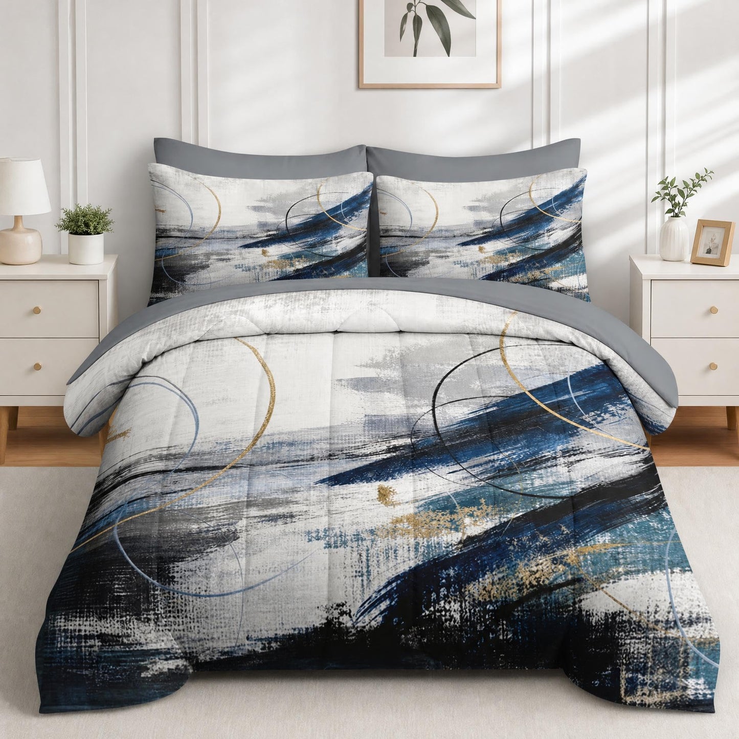Boewywh Comforter Set Twin Size Abstract Modern Navy 7 Pcs, Bedding for Kids and Adults, Bed Sheet Sets with Fitted Sheet 2 Pillowcases & 2 Shams for Bedroom Bed Decor