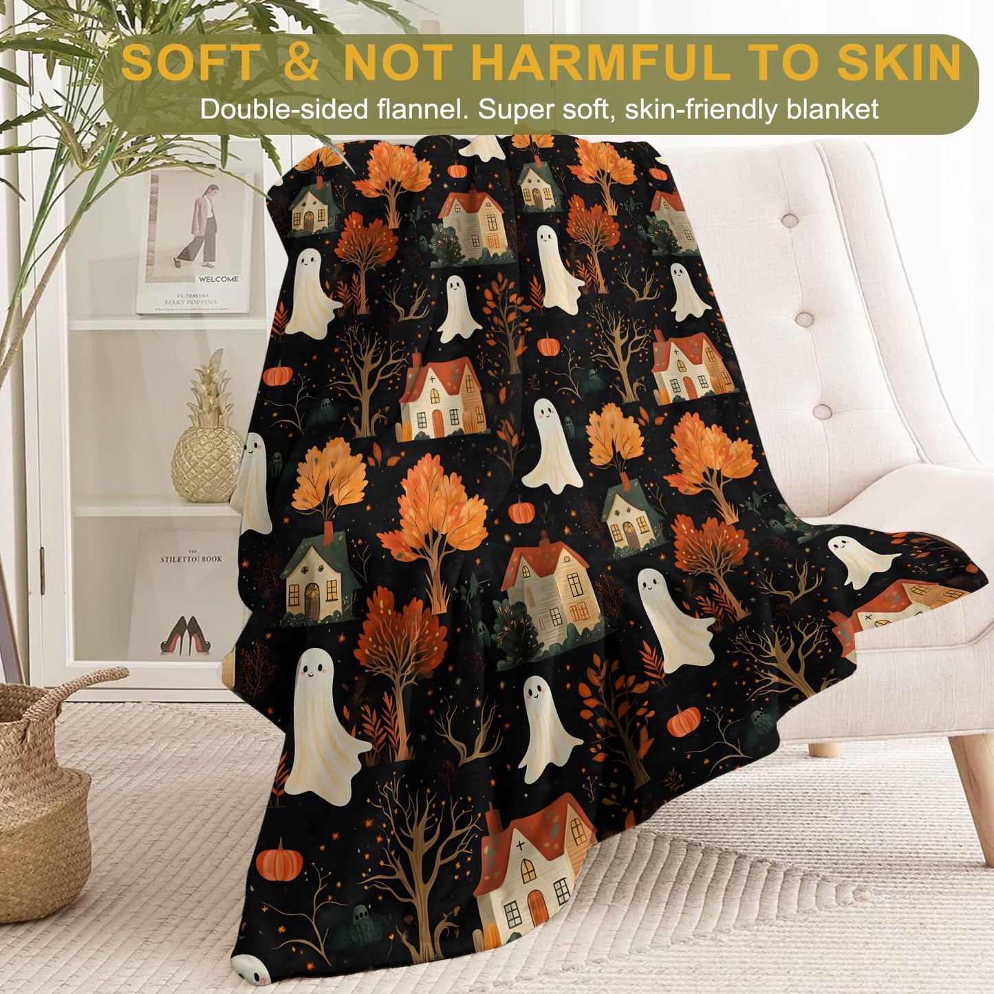 ainori Spooky Ghost Village Flannel Blanket - Cute with Autumn Trees, and Houses Throw - Soft Cozy Gifts Balnkets for Halloween Decor, Fall Lovers,Kids,Women,Festive Home Accents 50x60in