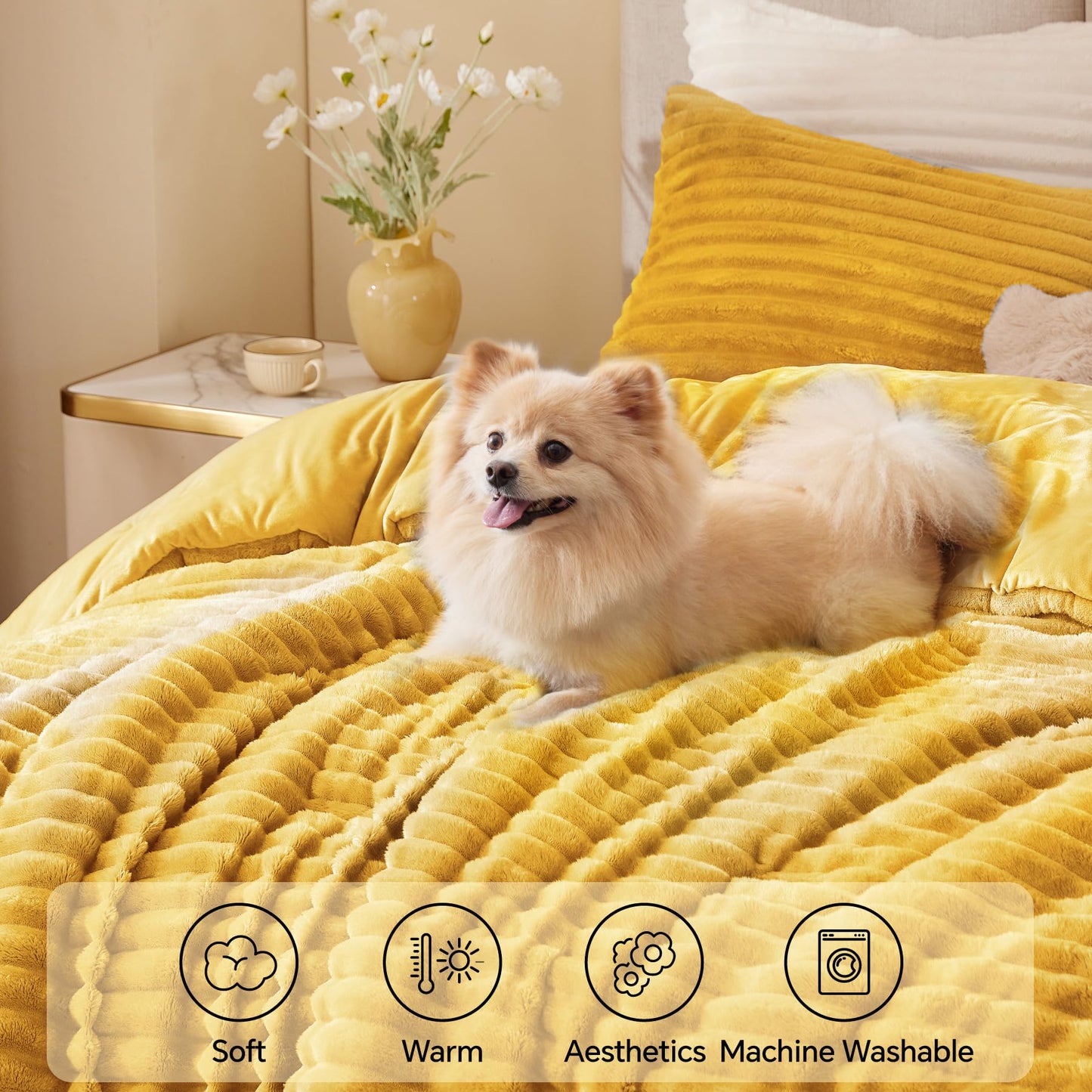 BEDELITE Fleece Queen Comforter Set -Super Soft & Warm Fluffy Mustard Yellow Bedding, Luxury Fuzzy Heavy Bed Set for All Season with 2 Pillow Cases
