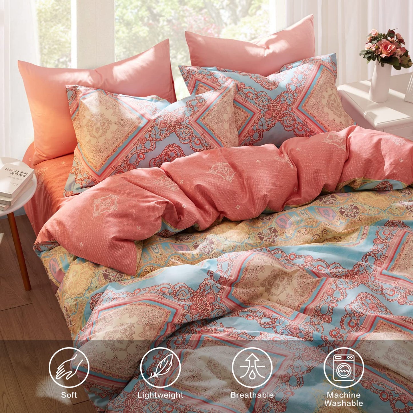 SAPHREAS Bohemian Duvet Cover Set Full Size 3pcs Pink Boho Cotton Bedding Comforter Cover Set Blue 1 Duvet Cover 2 Pillow Shams