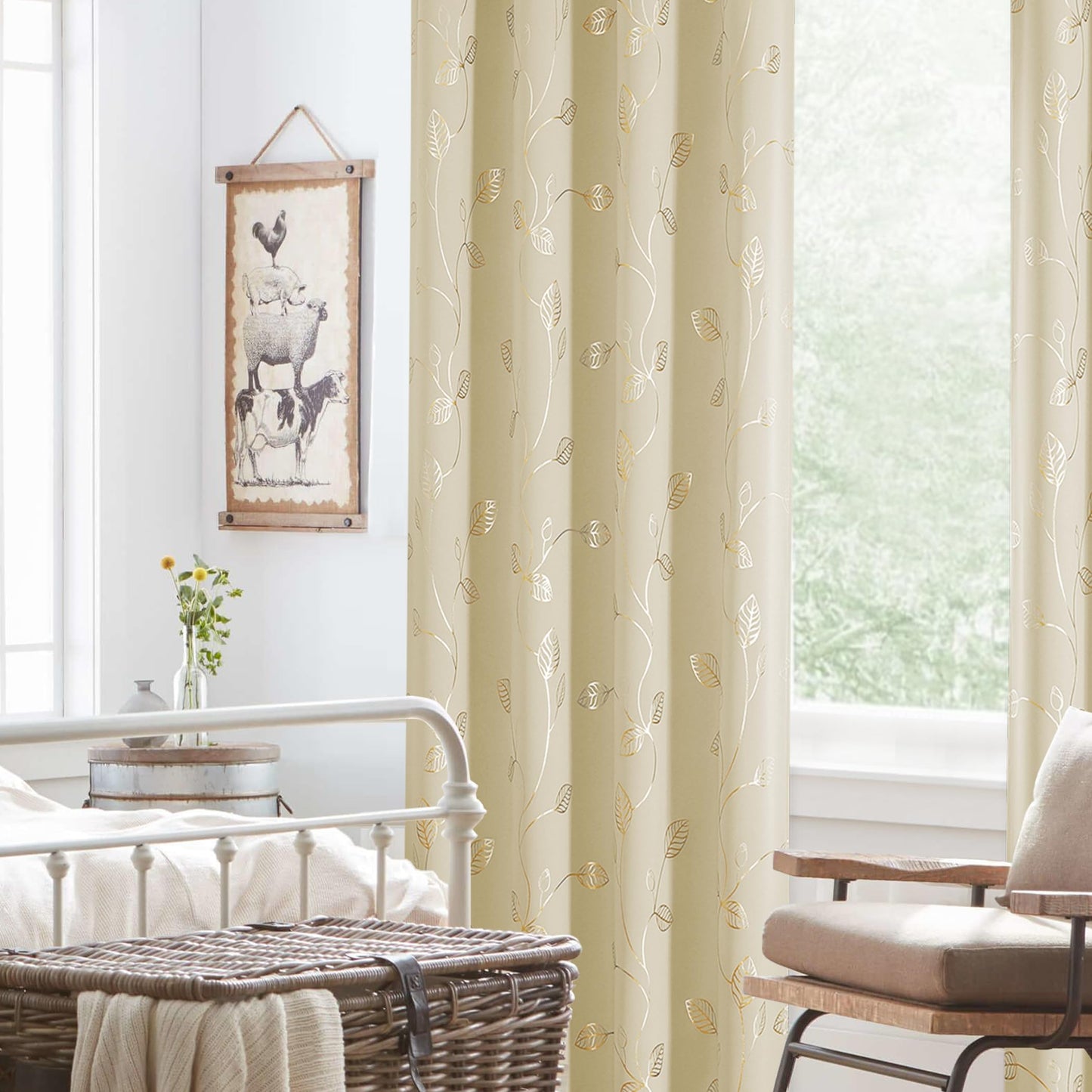 BUHUA Heat Blocking Curtains, Black Out Curtains 63 Inch Long 2 Panels Burg, Soundproof Curtains with Gold Leaf Printed (52 x 63 Inch, Beige, Set of 2 Panels)
