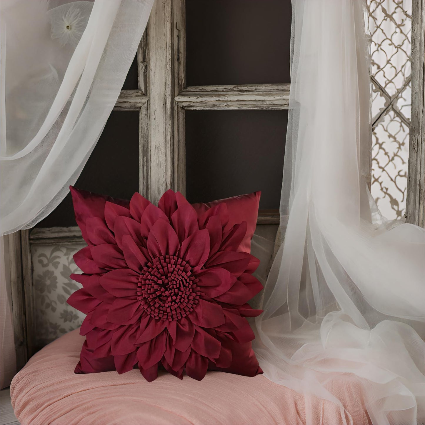 Bella's Giftshop 3D Sunflower Decorative Throw Pillow Covers for Bed Sofa Couch Car, Accent Floral Taffeta Cushion Cover, Handmade Pillow Cases Living Room Decor, 17x17 Inch-Burgundy