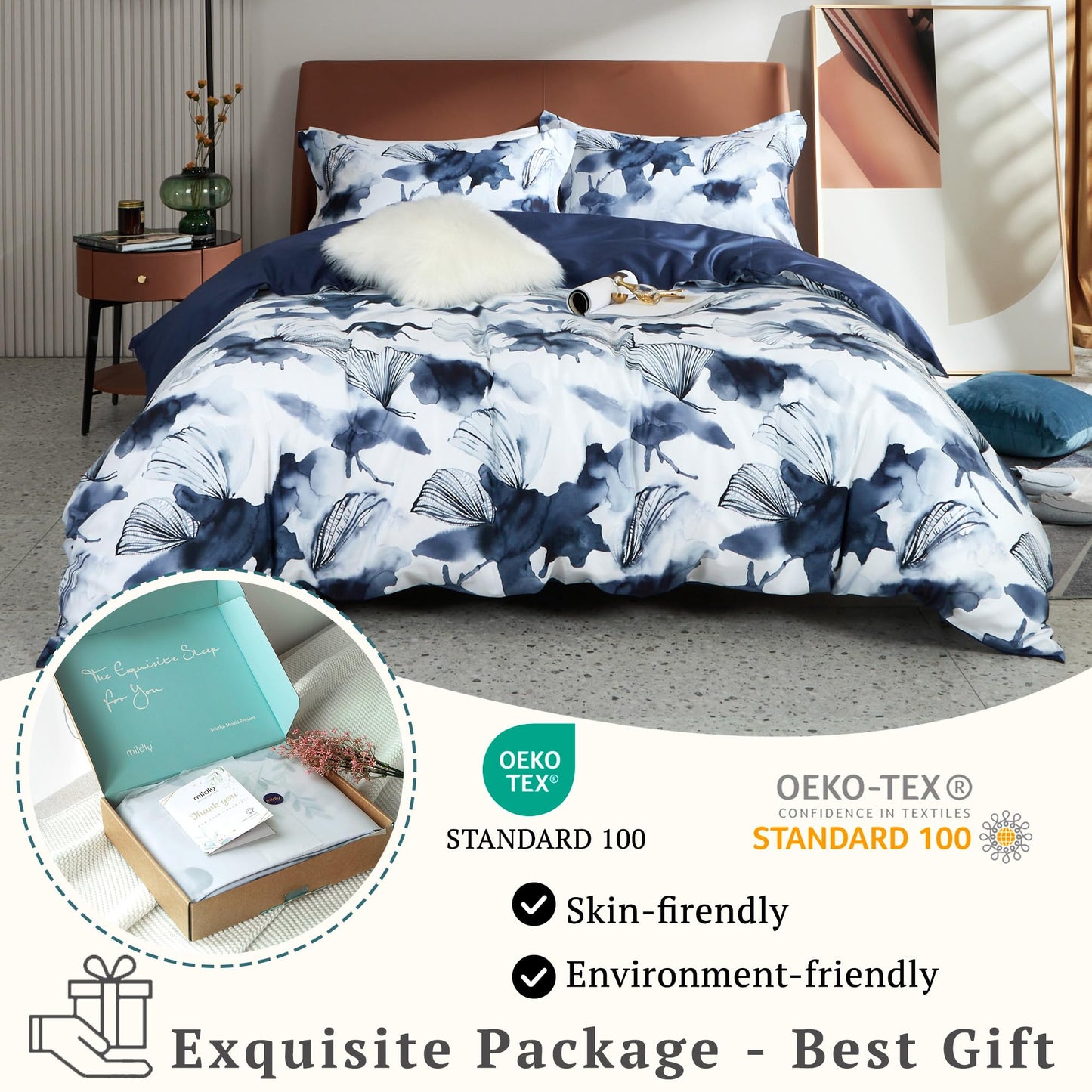 MILDLY Cotton Queen Duvet Cover Pillow Shams 3 Pieces Set Designed Blue Spring Floral Pattern Printed Bedding Set with Zipper Closure and Corner Ties (No Comforter)