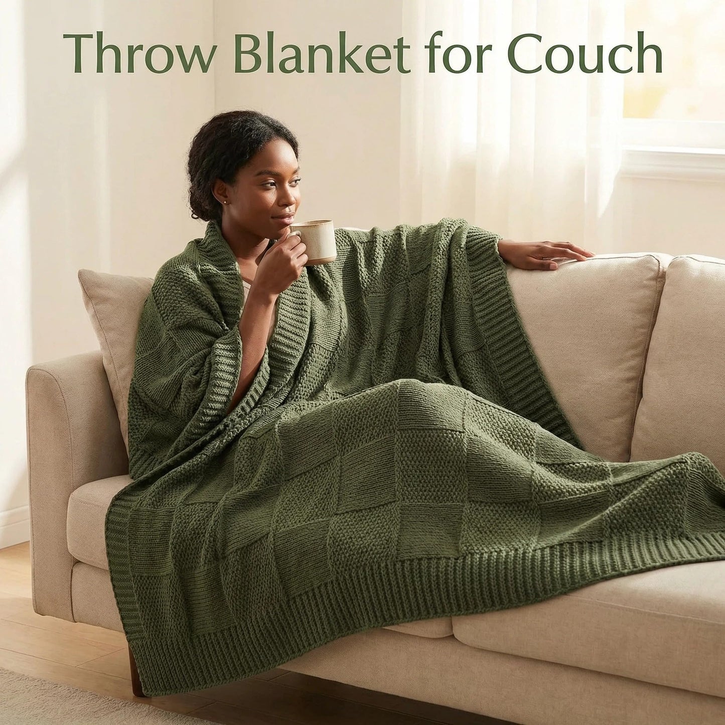 Ovelindra Checkered Knit Throw Blanket, Olive Green 50x60 Inches, Soft Warm Knitted Blanket for Couch, Sofa, Bed, Living Room, Bedroom, All Season Decorative Home Throw, Cozy Gift Blanket