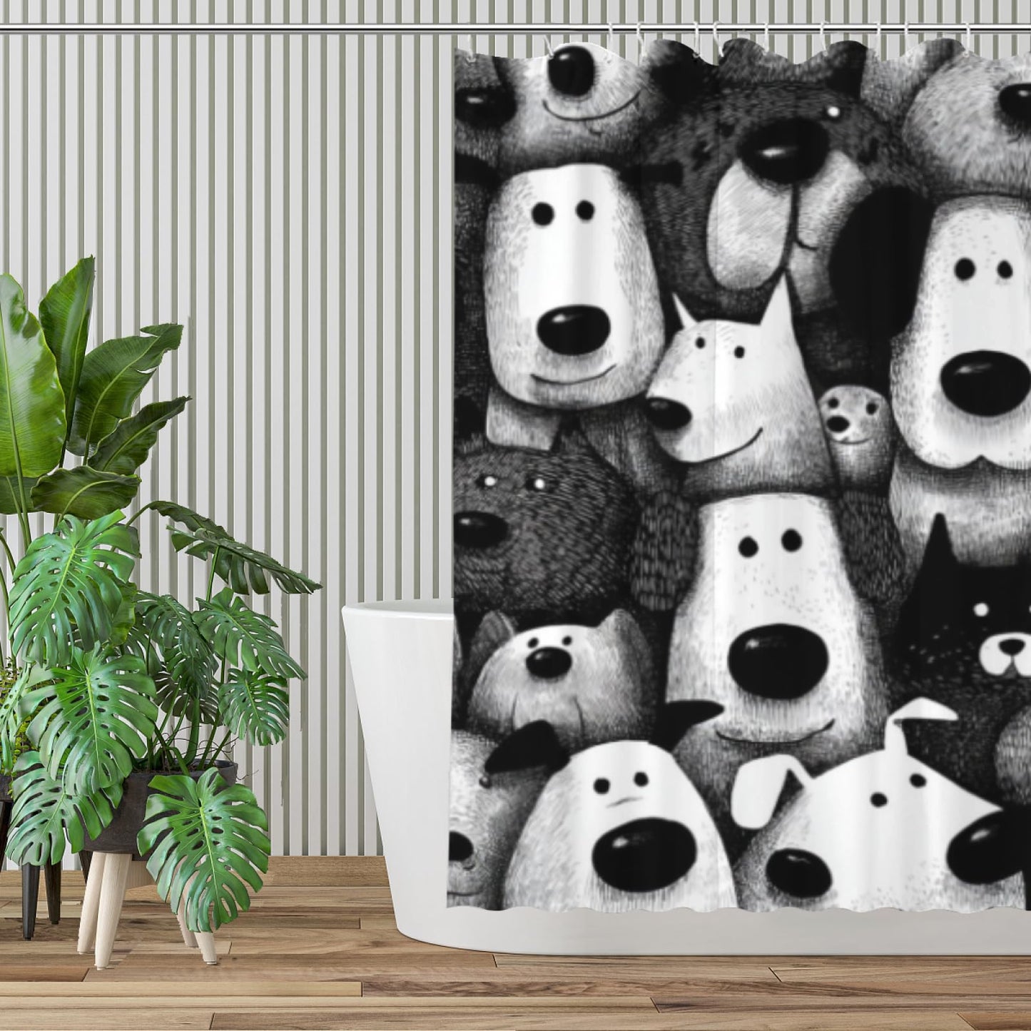 Wordatu Black Labrador Dog Pet Shower Curtain, Group of Dogs and Cats Animals Cloth Fabric Bathroom Decor Set 72X72 Inches, Black and White