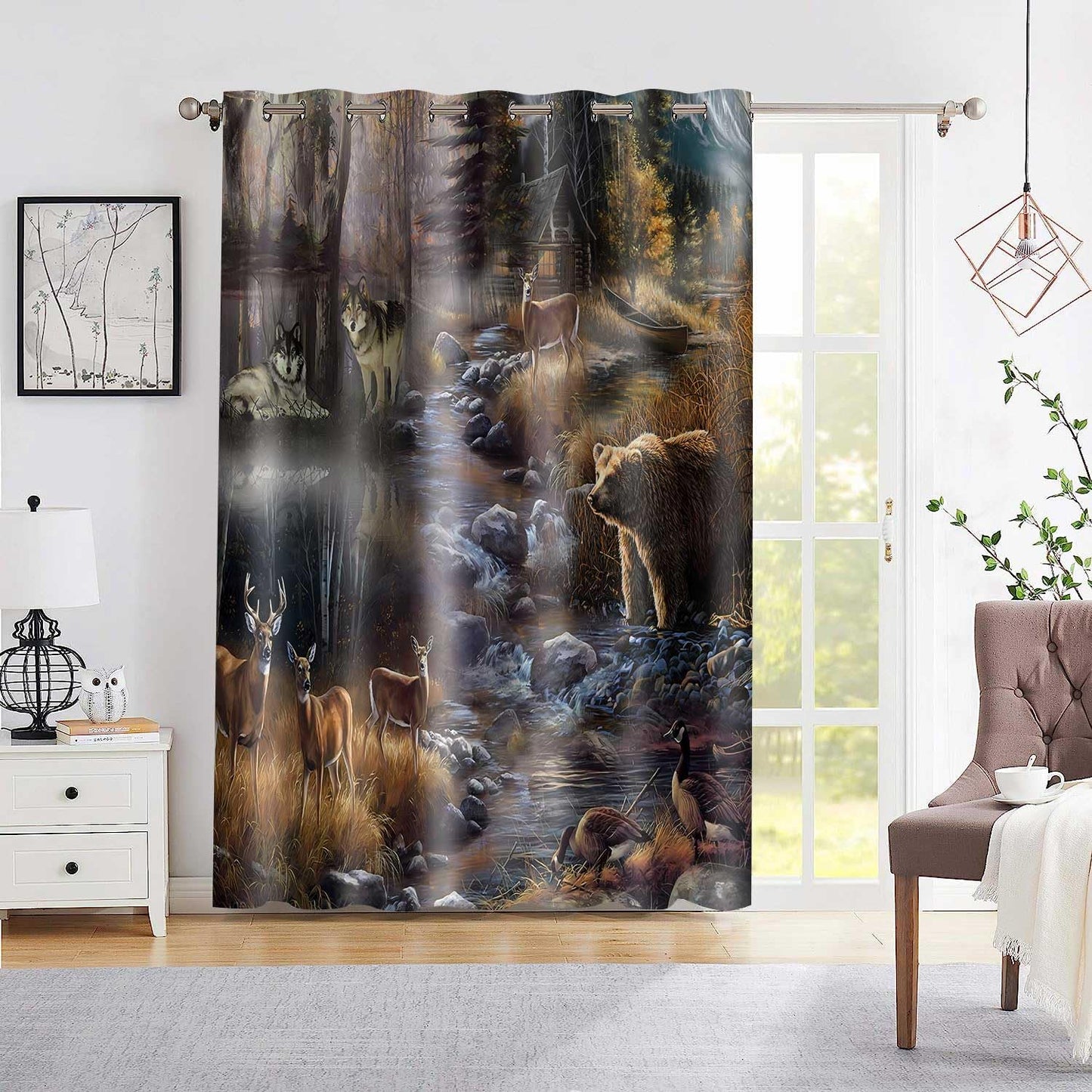 MIZSYE Rustic Lodge Curtains Wildlife Wolf Bear Elk Duck Country Style Blackout Curtain Forest River Nature Landscape Zoo Window Treatments for Bedroom Living Room 2 Panel 52x84inch CLDWMS0281