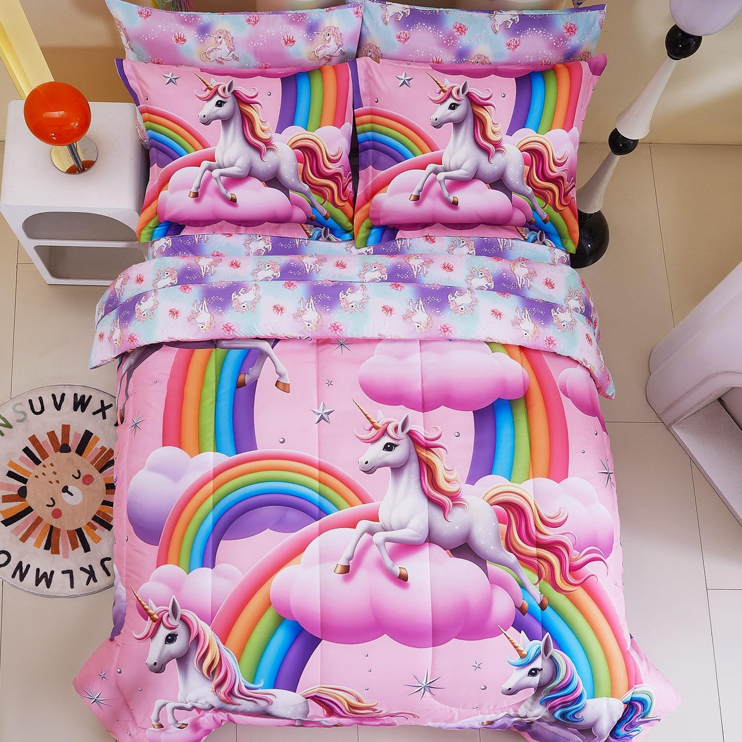 Viviland Kids Full Bedding Sets for Girls, Soft Full Comforter Set with Sheets, 7 Pieces Microfiber Bed in a Bag, White Unicorn Pink Cloud Rainbow