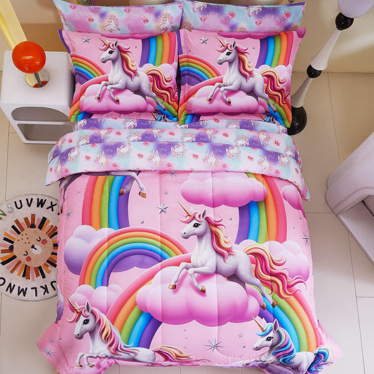Viviland Kids Full Bedding Sets for Girls, Soft Full Comforter Set with Sheets, 7 Pieces Microfiber Bed in a Bag, White Unicorn Pink Cloud Rainbow
