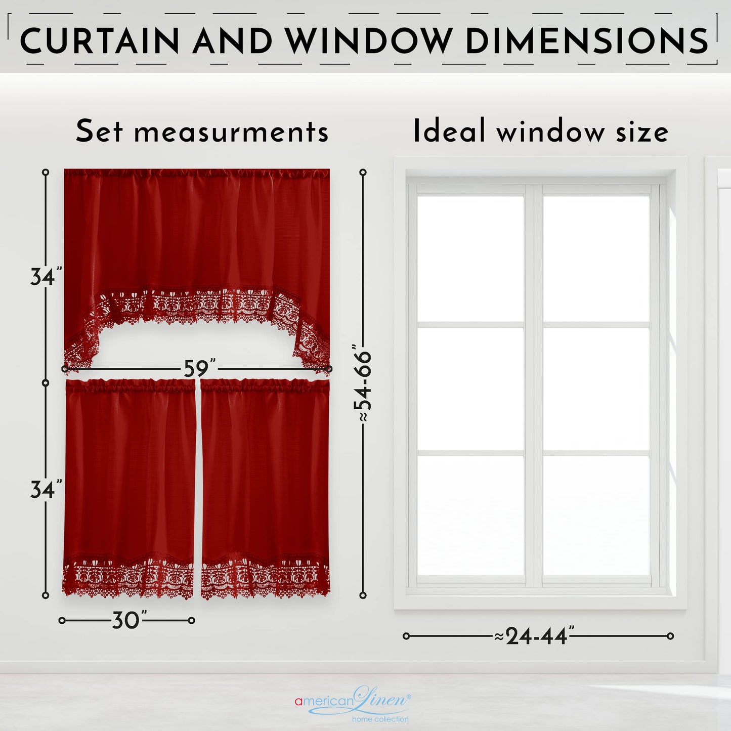 American Linen 3-Piece Kitchen Café Curtains with Embroidered Lace (Red)