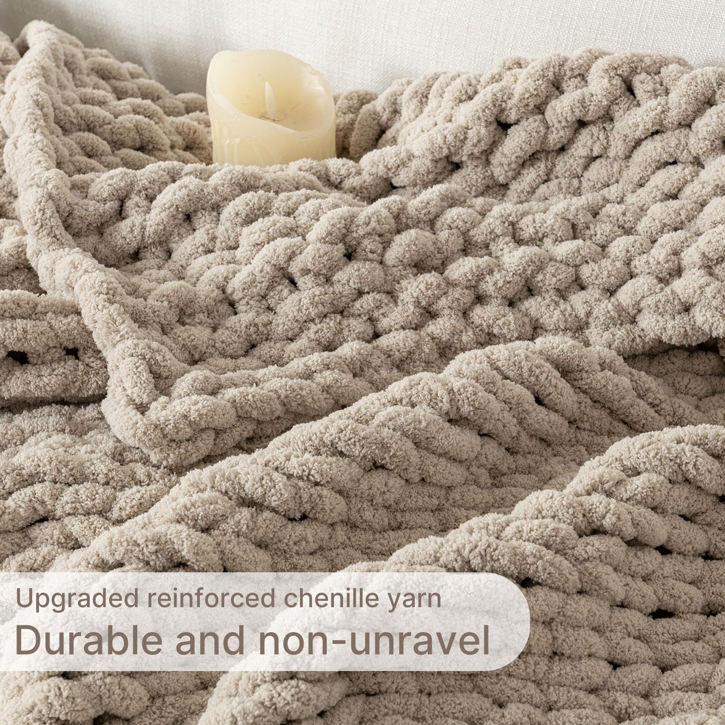 LAST MODA Chunky Knit Blanket Throw, 100% Hand Knit Throw Blanket Handmade Chenille Cable Knit Throw for Couch, Stylish Cozy Soft Rope Knot Crochet Blanket for Home Decor, Beige Linen, 50x60 Inches