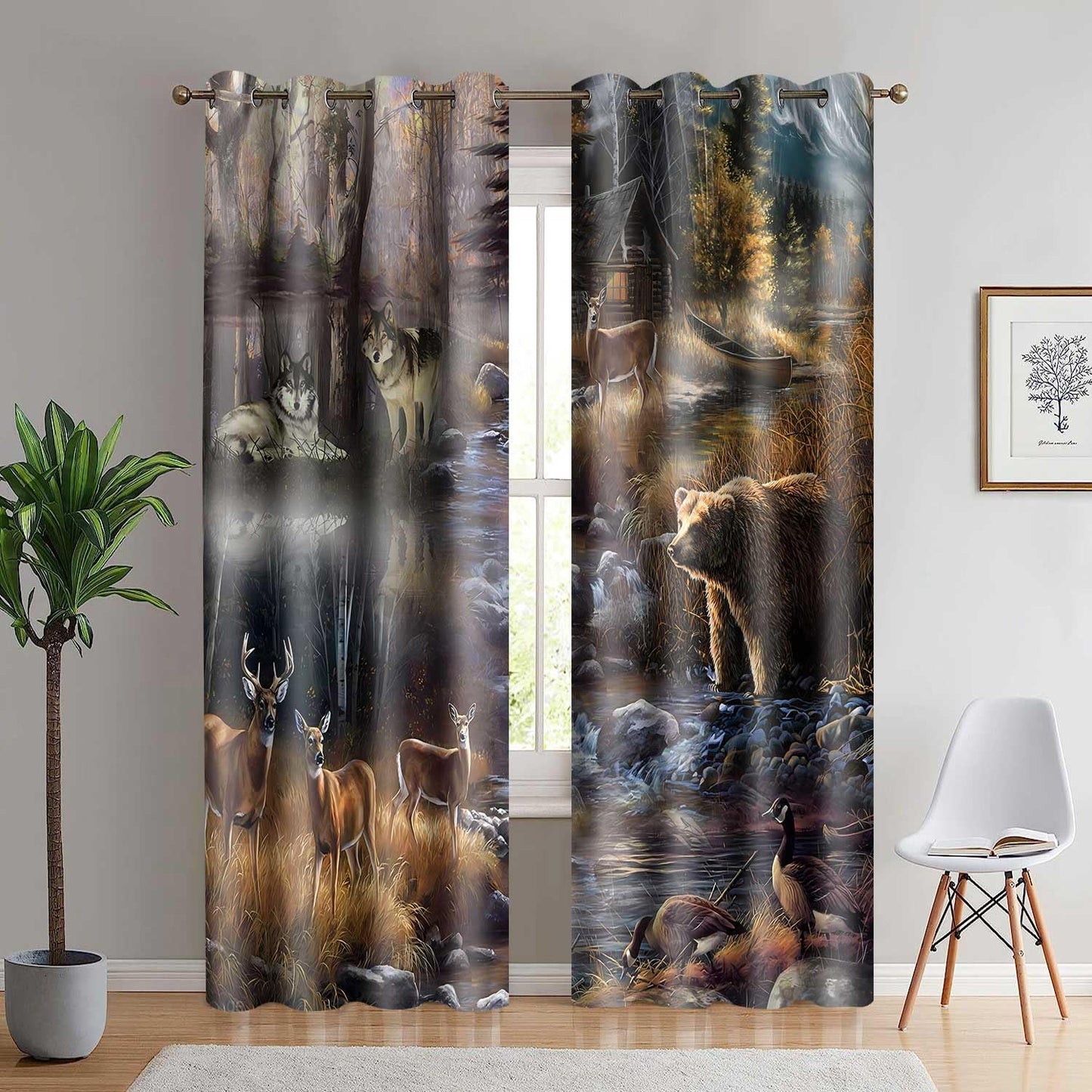 MIZSYE Rustic Lodge Curtains Wildlife Wolf Bear Elk Duck Country Style Blackout Curtain Forest River Nature Landscape Zoo Window Treatments for Bedroom Living Room 2 Panel 52x84inch CLDWMS0281