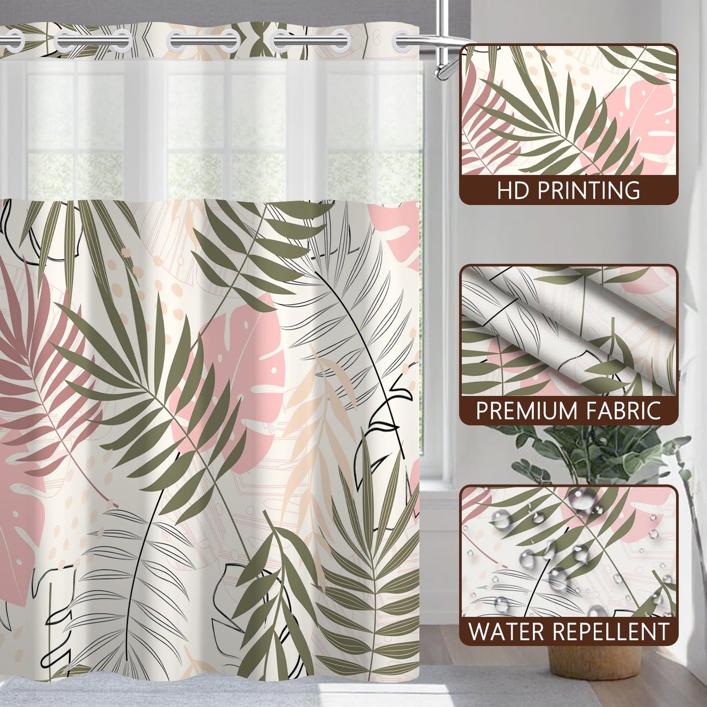 NAEMBCU No Hook Tropical Leaf Shower Curtain and Liner Set, 71 x 74 Inch