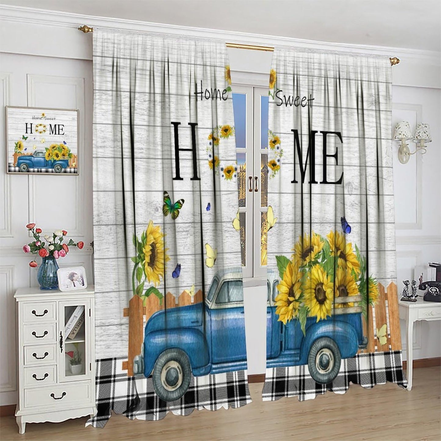 Nanacur Country Farmhouse Truck Curtains, Retro Rustic Truck Sunflower Butterfly Wooden Print Window Drapes, for Bedroom Living Room 42" W X 45" L (Decorative)